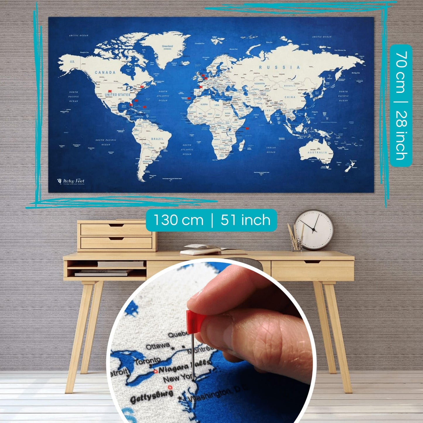 World Map XXL 51 x 28 inches in 'Error Blue', Fleece Wall Hanging as Travel Pin Board in Modern Wall Art Design, 20 Flag Push Pins Included