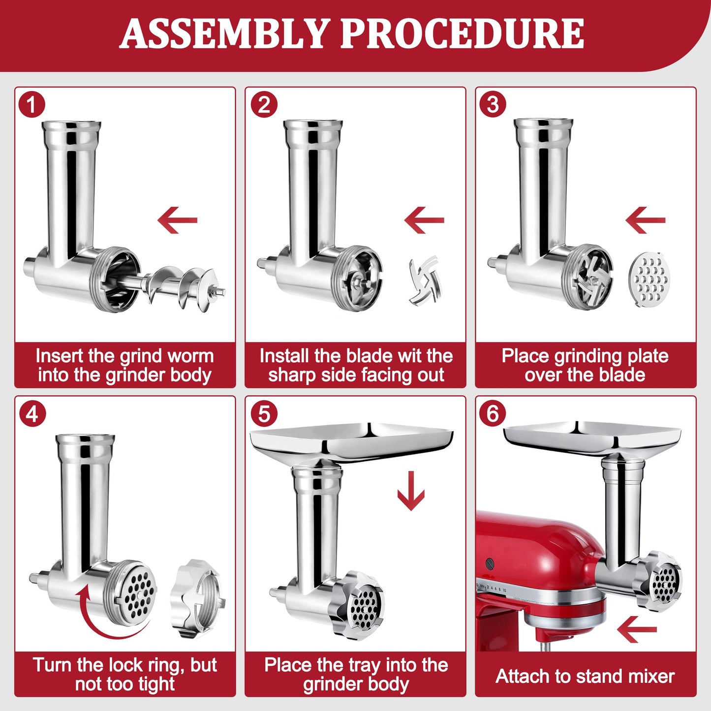 Premium Metal Food Grinder Attachment for KitchenAid Stand Mixers, Precision Meat Grinder & Sausage Stuffer Tubes Kit with Abundant Accessories, Food-Safe Alloy Mixer Attachments (Hand Wash Only)