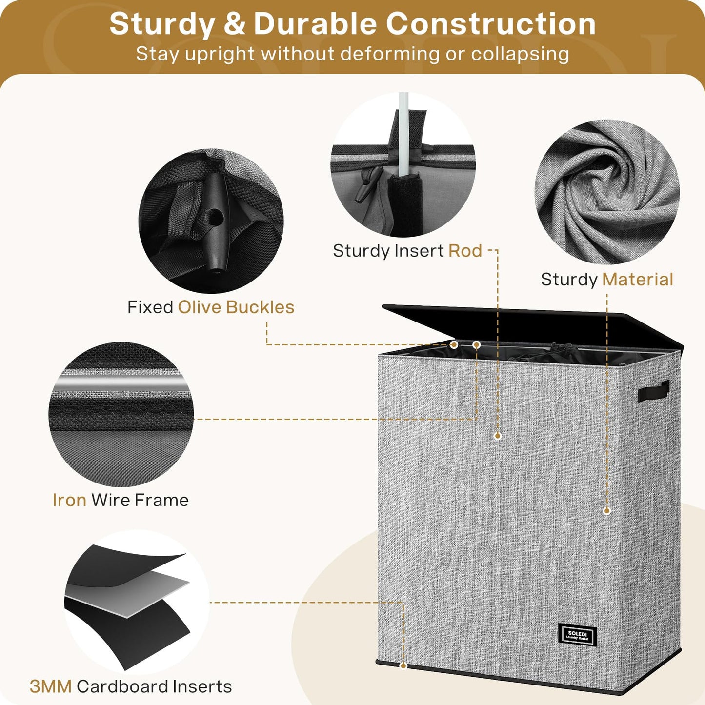 SOLEDI Double Laundry Basket with Lid and Removable bag, Large Laundry Hamper 2 Section with handles, Collapsible Dirty Clothes Hampers for Laundry, Bedroom, Dorm, College