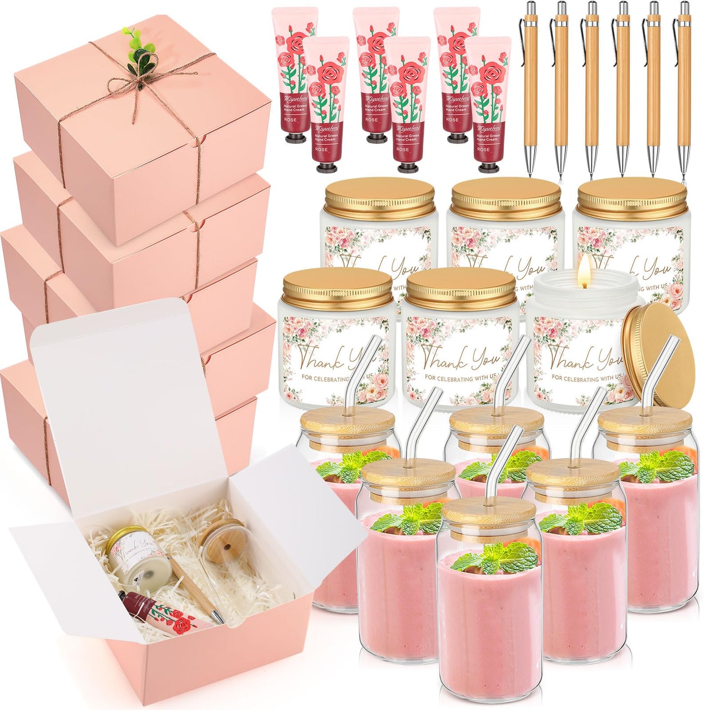 Reallnaive 6 Sets Baby Shower Prizes for Game Winners, Baby Shower Favors Including Glass Cup Scented Candles Hand Cream Pens Gift Box with Raffia for Gender Reveal Wedding Bridal Party Prizes(Pink)