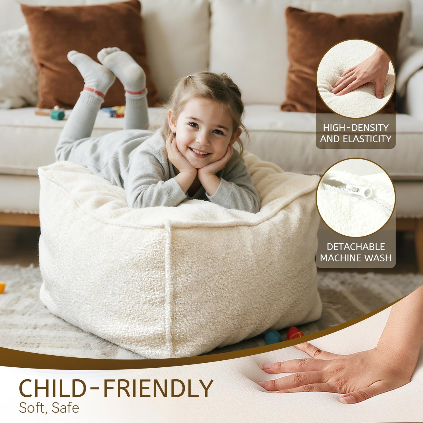Kinevoli Square Boucle Pouf Ottoman Footrest, Soft & Lightweight Footstool with Foam Filling for Living Room & Bedroom, Laid-Back Lounge Style