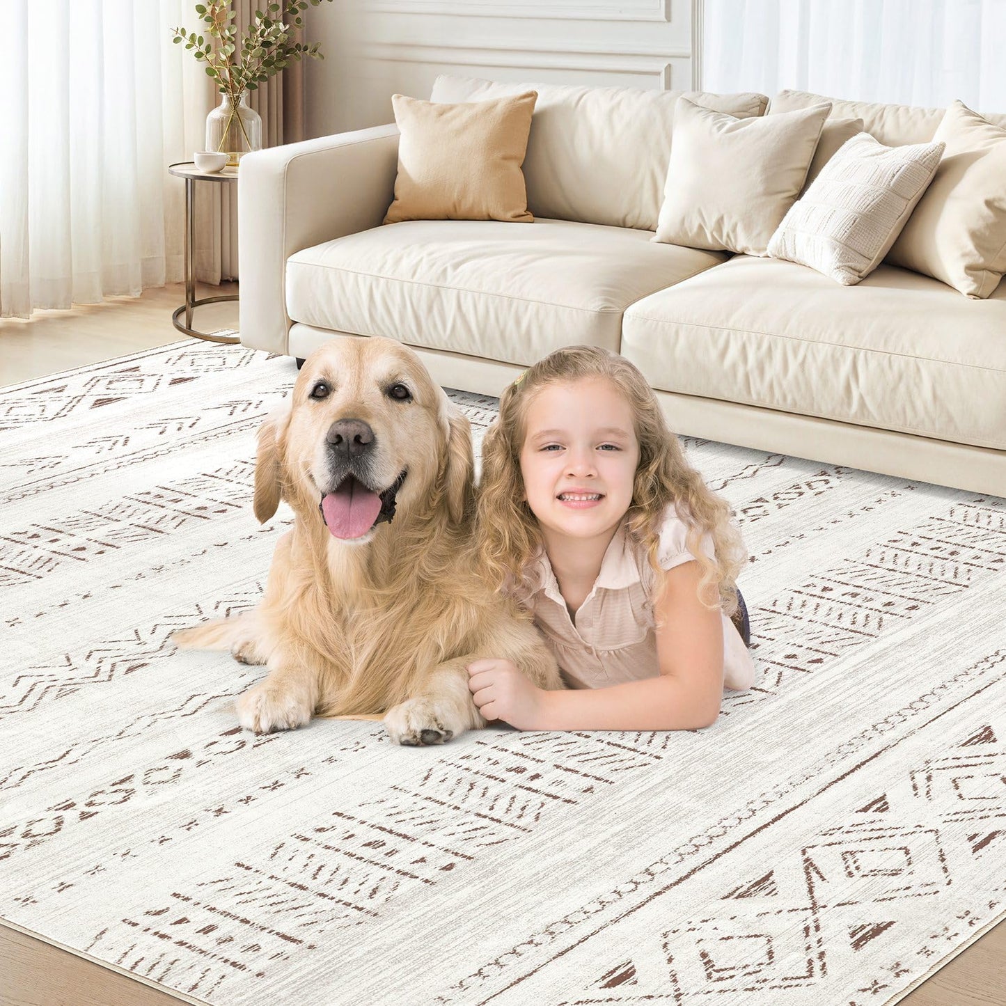 cotiled 5x7 Area Rug Living Room: Washable Boho Rugs with Non Slip Backing Large Soft Indoor Stain Resistant Carpet for Bedroom Farmhouse Dining Room Lightweight Home Decor L Brown/Cream