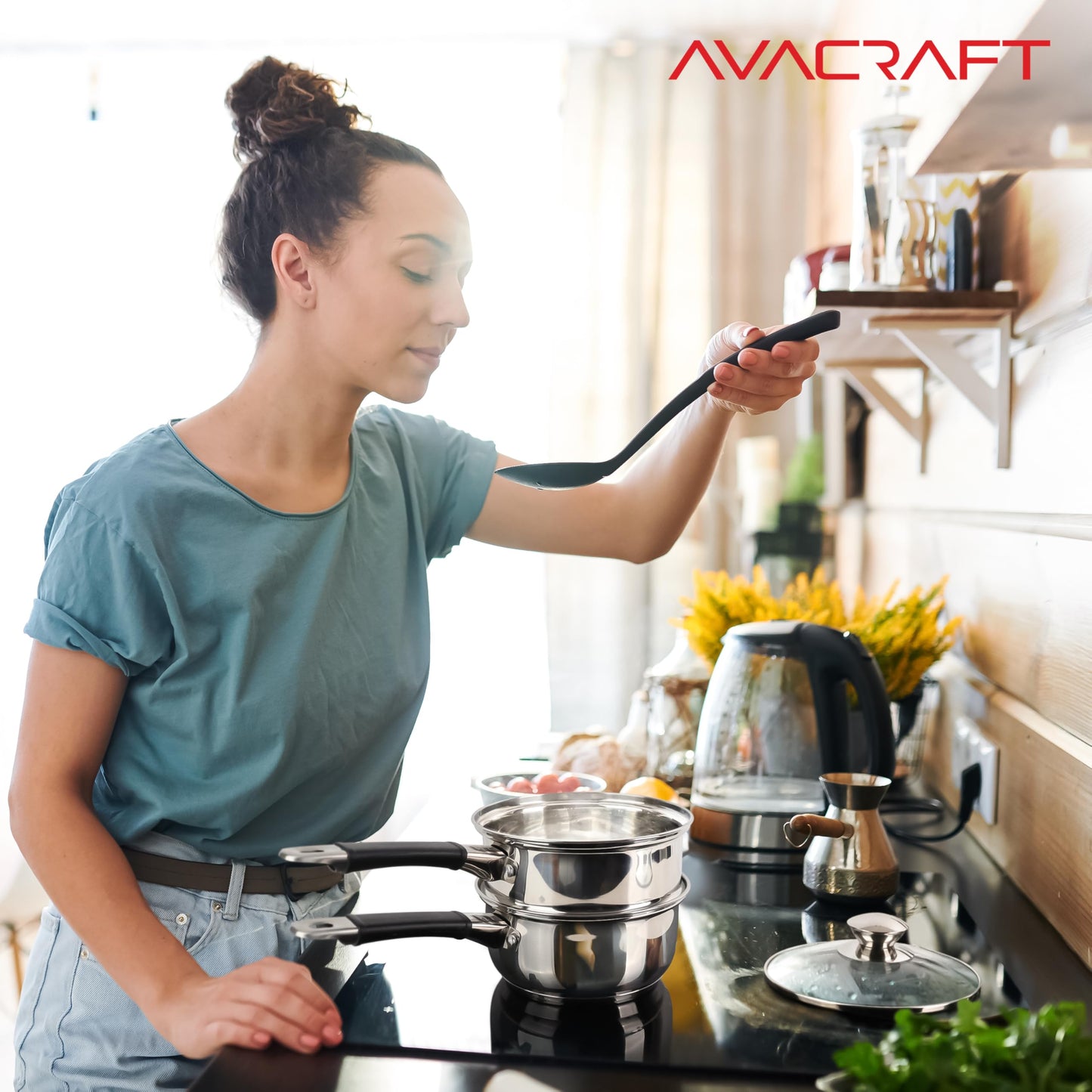 AVACRAFT 18/8 Stainless Steel Double Boiler, 1.5 Quart - Quality Clad Melting Pot for Butter, Chocolate, Cheese, Wax, Sauces - Even Heat, Tempered Glass Lid, Long Handle, Bottom has 5 Layers