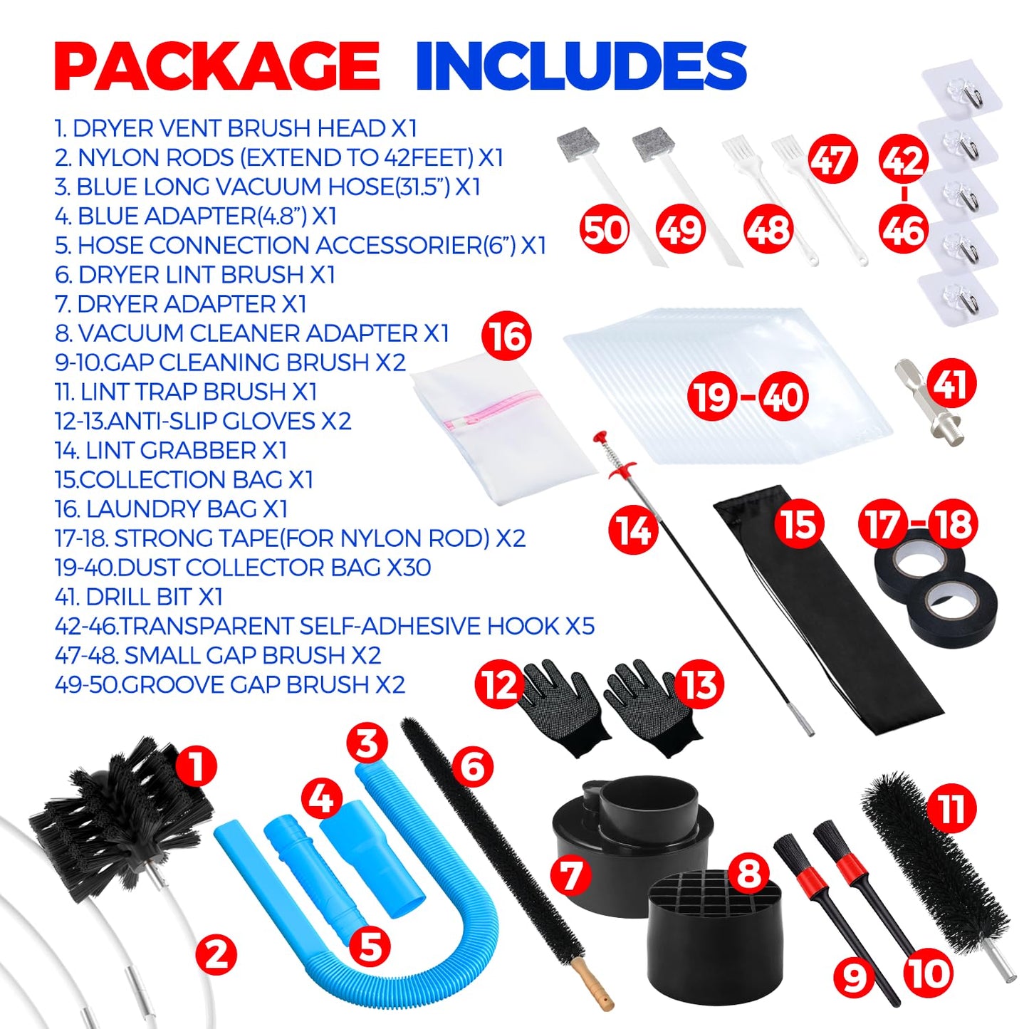Holikme Dryer Vent Cleaner Kit Dryer Cleaning Tool Include Dryer Vent Brush, Omnidirectional Blue Dryer Lint Vacuum Attachment Dryer Lint Trap Brush, Vacuum & Dryer Adapters
