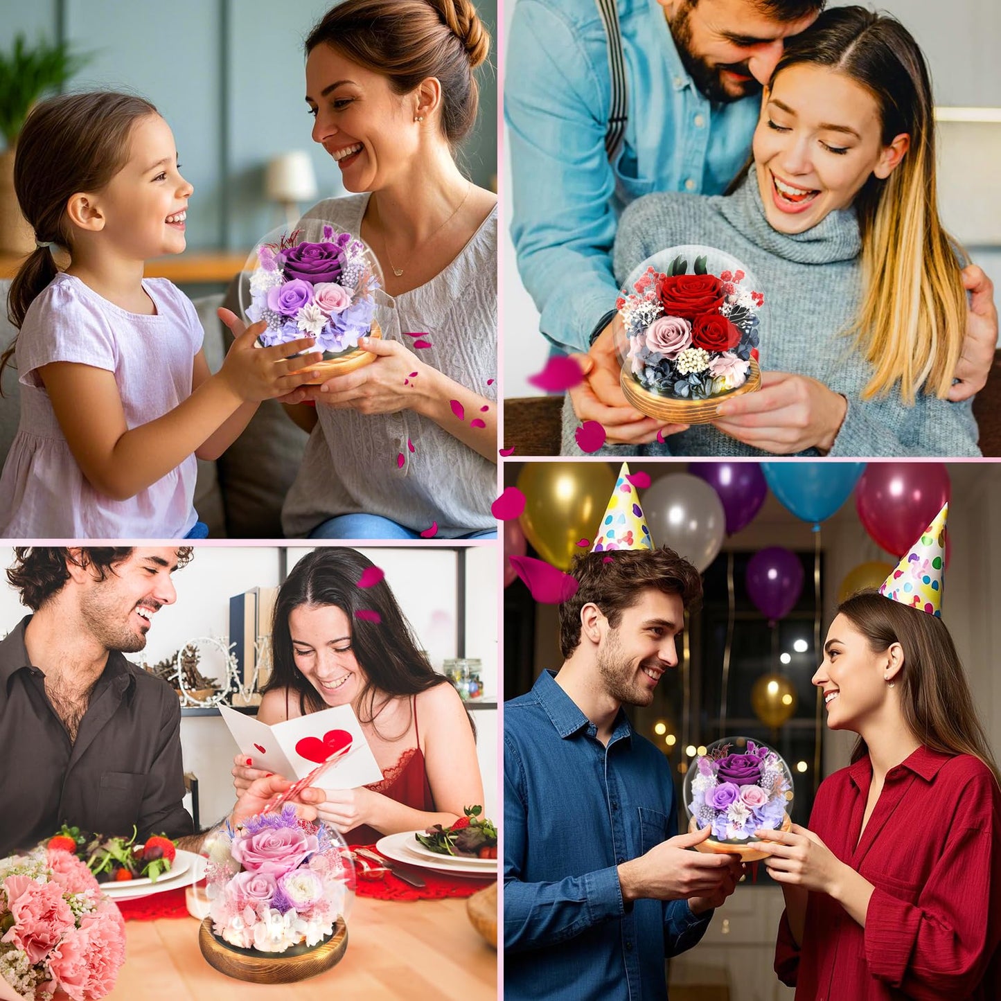 Preserved Flowers Rose in Glass Dome Forever Flowers Valentines Day Gifts for Her Eternal Roses with Light Long-Lasting Real Flowers Mothers Day Birthday for Women Mom Grandma, Purple