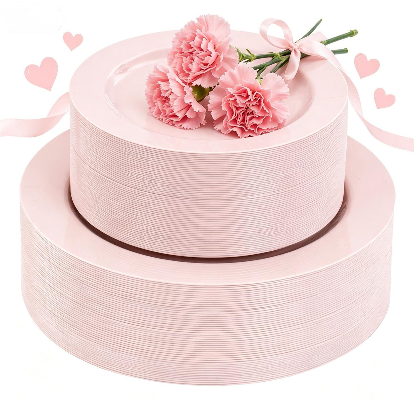 FLOWERCAT 100PCS Pink Plastic Plates - Heavy Duty Pink Party set Disposable serve for 50 guests -10 inch Dinner + 7 inch Dessert/Salad Plates for Easter,Birthday Party,Mother's Day