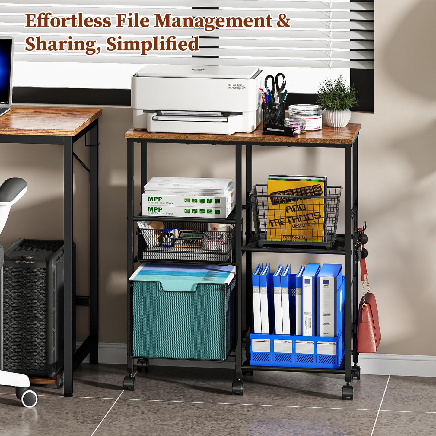 Tiaoheka Rolling File Cart with Wheels,Lateral File Cabinet with 2pcs Drawers,Rolling Printer Stand Cart with Open Storage Shelf,Hanging Filing Cabinet Organizer Cart Fits Letter Size for Home Office