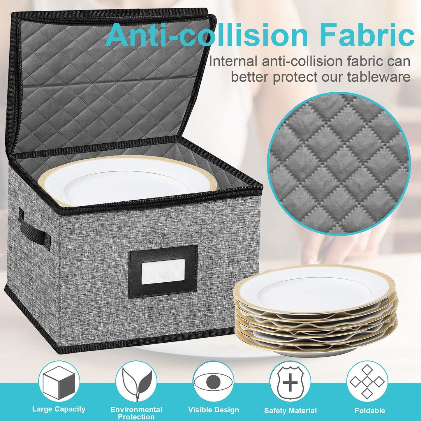 ouruer China Storage Containers-4PACK Quilted Dish Storage Containers with Lid Hard Shell for Moving Transport, Dinnerware,Stackable Plate Storage,24 Felt Plate Dividers Included,12 * 12 * 8in
