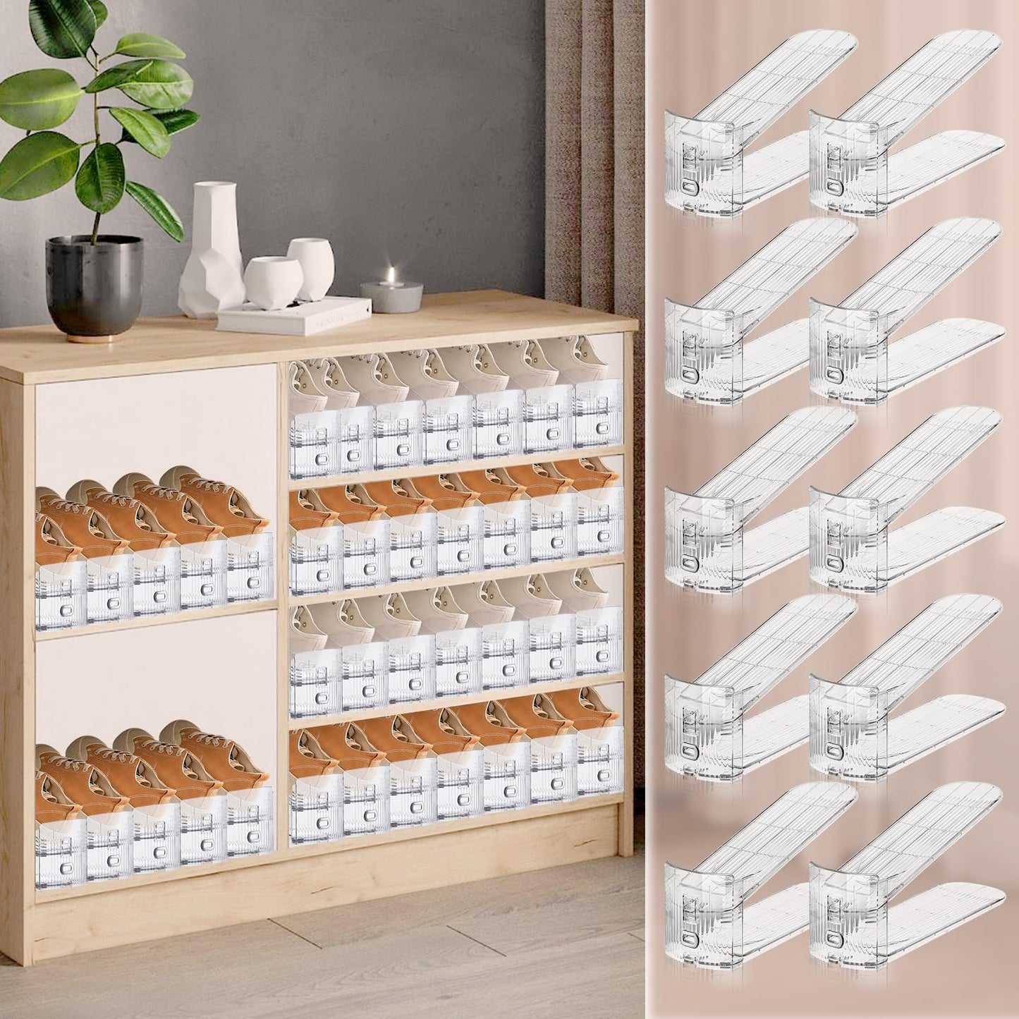 FENRUNXU Transparent Shoe Slots Organizer for Closet, 20 Pack Shoe Stacker Organizer for Closet Shoe Display Space Saver,Adjustable Shoe Rack Organizer Holder for High Heels,Sneakers(Transparent)
