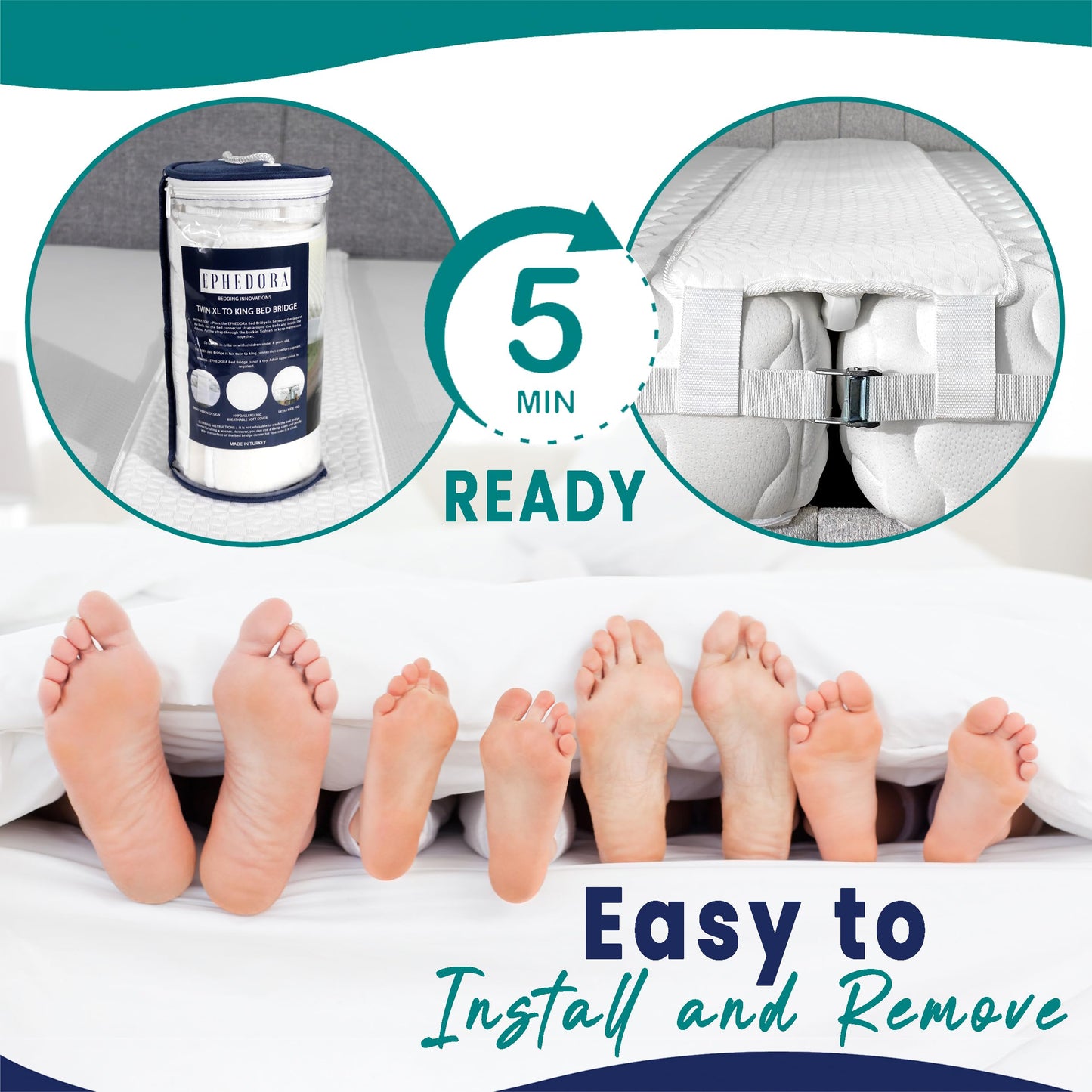EPHEDORA 12" Extra Wide Bed Bridge Twin XL to King Converter Kit - Split King Gap Filler for Adjustable Bed - Mattress Connector & Gap Filler for Bed - Heavy Duty Metal Buckle Strap - 25D Memory Foam