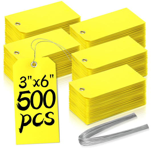 500 Pieces Plastic Shipping Tags with Wire Waterproof Hang Tags Heavy Duty Labeling Tags with String Wires Tags Labels Labeling Tags Stacking Tags for Equipment Car Parts (Yellow, 3x6)