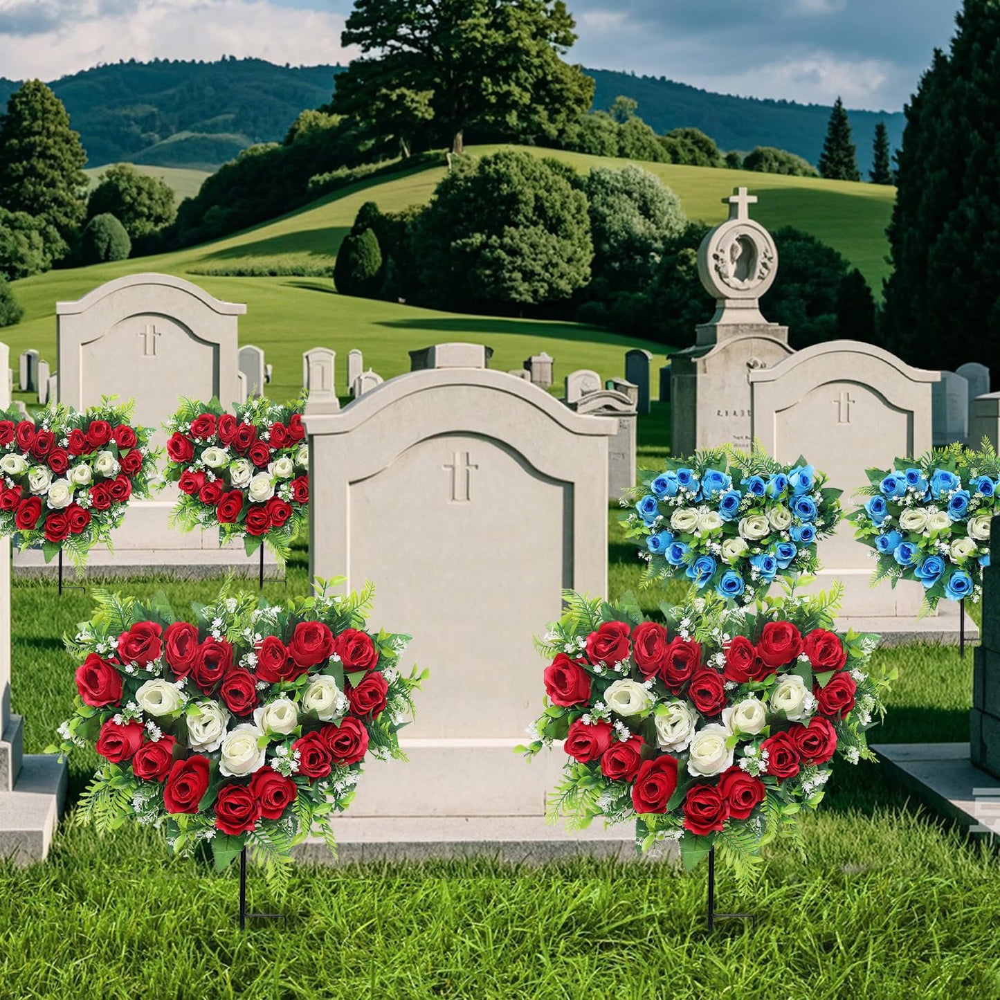 Lodou 2 Sets Artificial Cemetery Flowers, Grave Memorial Flowers with Ground Spike,Heart Shaped Wreaths Rose Flowers for Artificial Rose Decoration for Cemetery Headstones Gravesites (red)