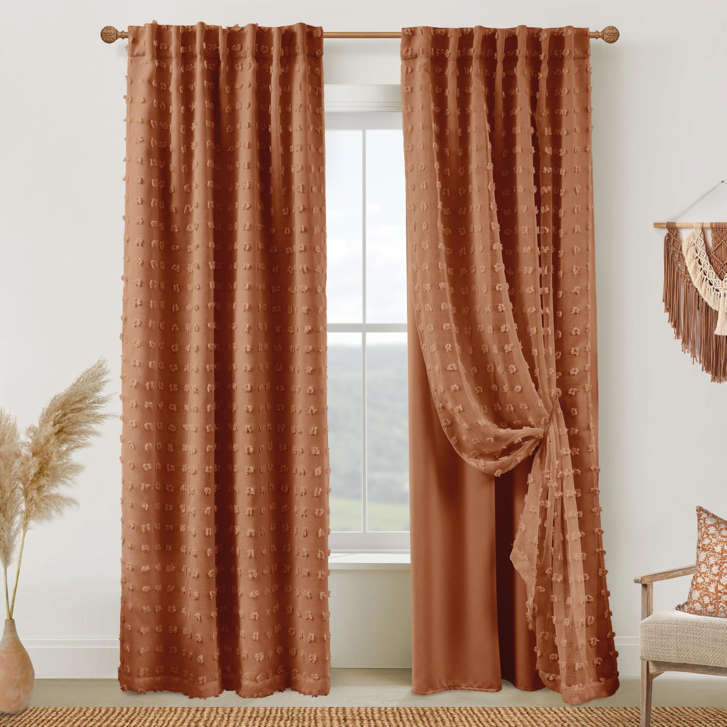 Terracotta Boho Blackout Curtains for Bedroom, Bohemian Pom Pom Double Layer Patterned Drapes, Rust Burnt Orange Sheer Overlay Western Curtains for Living Room 84 Inches Long 2 Panels Set