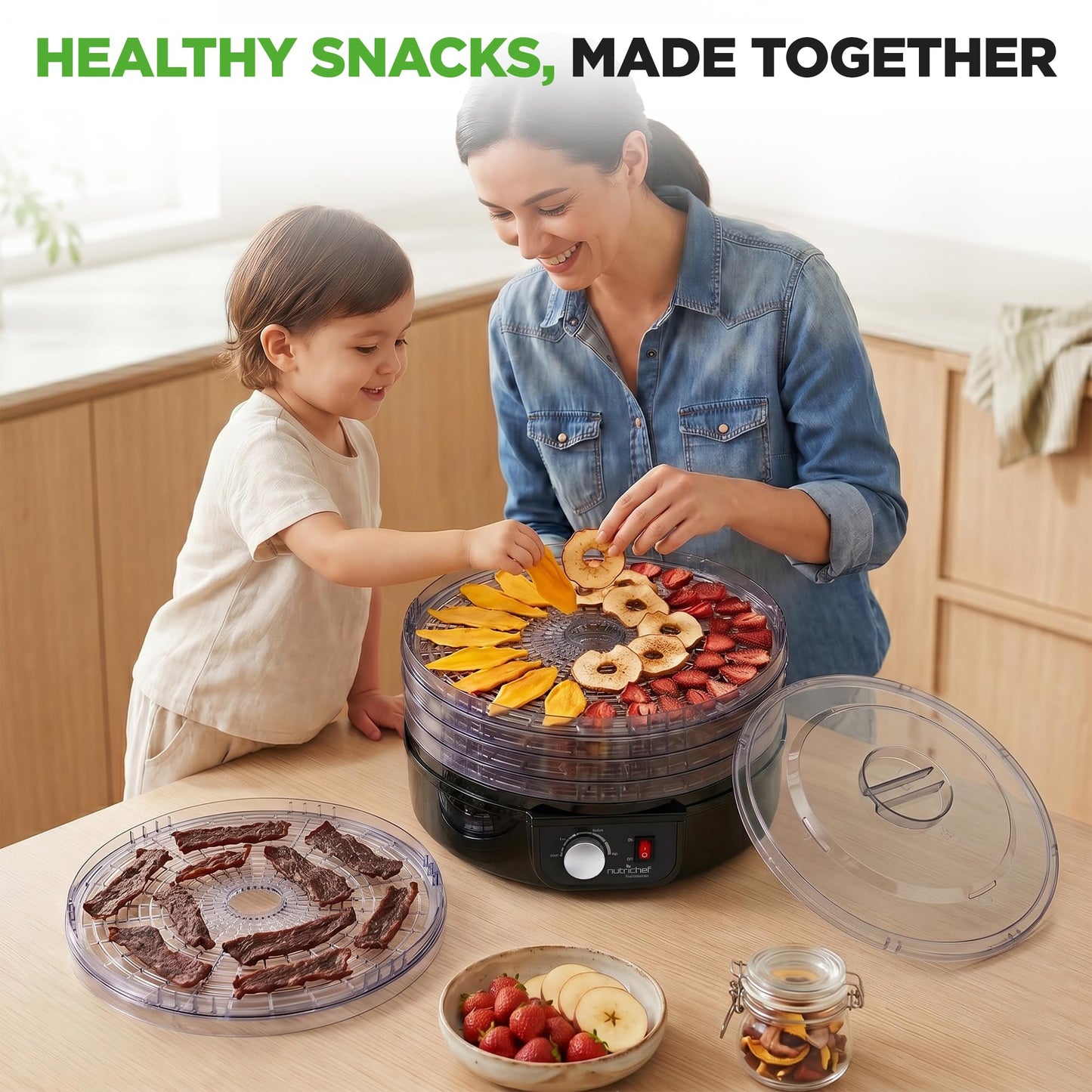 NutriChef Electric Countertop Food Dehydrator - Professional Multi-Tier Food Preserver - Dehydrates Fish, Meats, Mushrooms, Fruits & Vegetables - 5 Easy to Clean Stackable Trays., One Size, Black