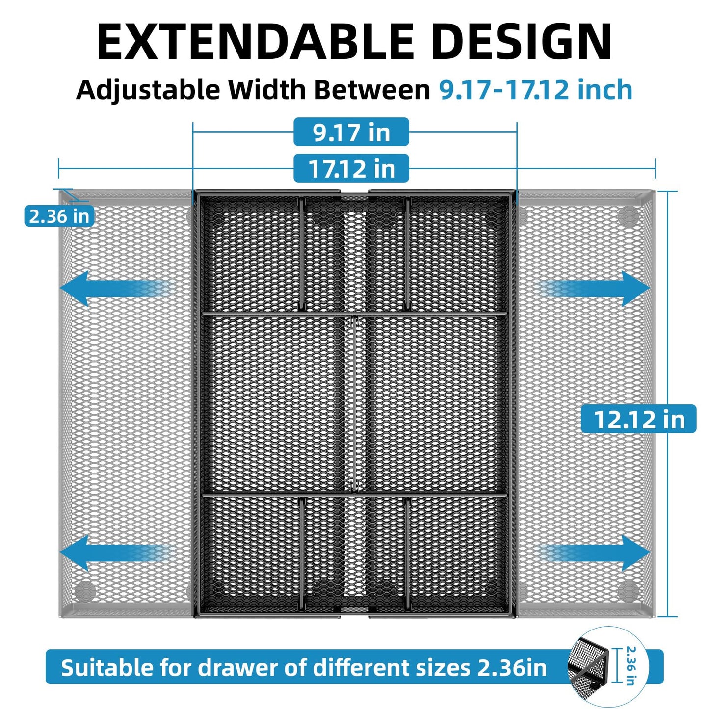 Marbrasse Expandable Desk Drawer Organizer, Mesh Drawer Organizer Tray with 10 Adjustable Compartments, Desk Organizers and Accessories for Office Supplies, Makeup & Vanity (Expandable Black-2 pack)