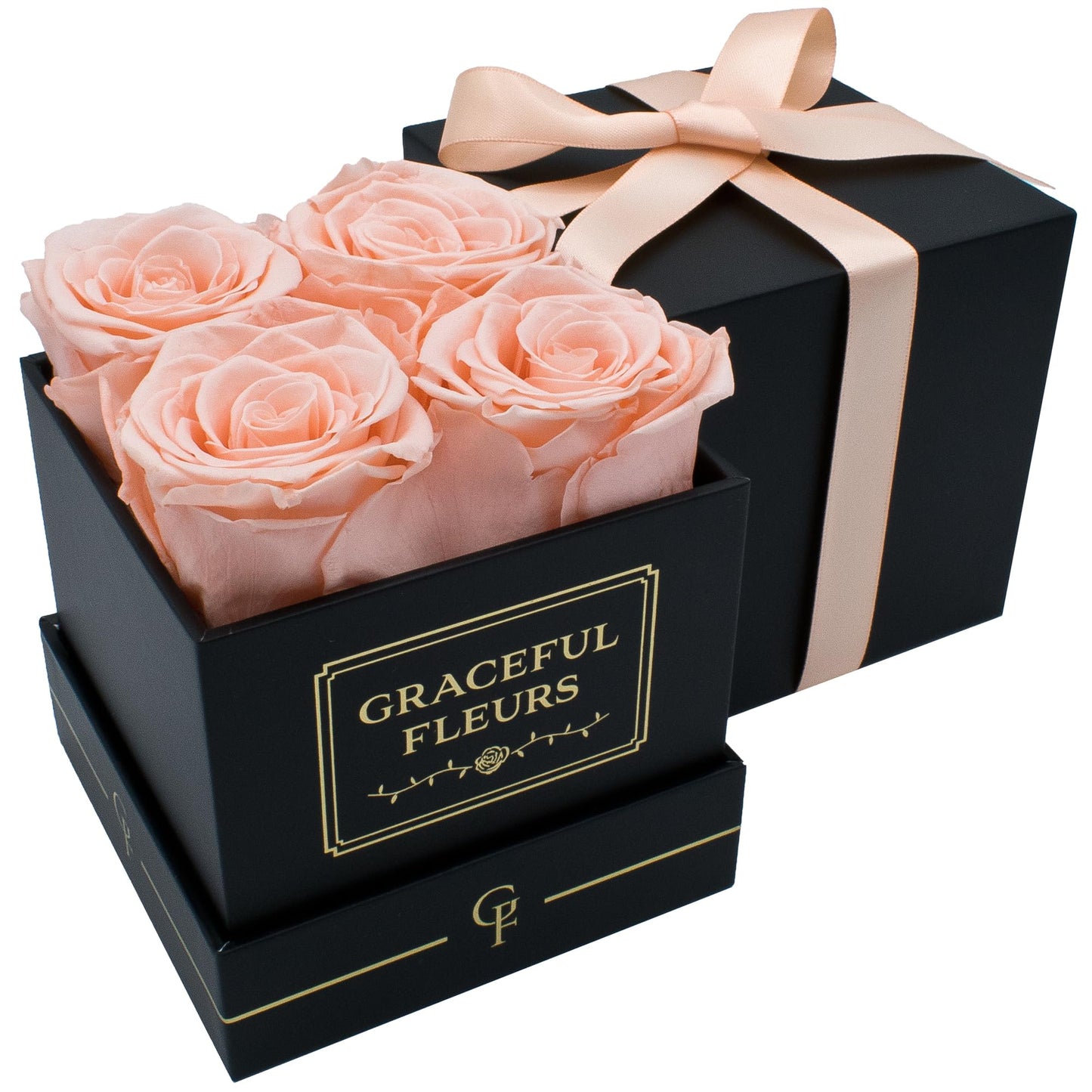 Graceful Fleurs Real Long Lasting Roses in a Box for Years, Preserved Fresh Forever Flowers for Delivery Birthday, Mothers Day Floral Gifts for Women (Light Peach, Black Box, 4 Roses)