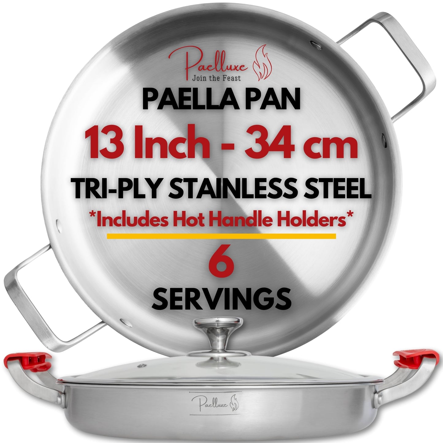 Paelluxe 13 Inch Tri-Ply Stainless Steel Paella Pan with Lid for 6 Servings - Includes Hot Handle Holders - Induction, Oven and Dishwasher Safe Skillet, Indoor Outdoor Cooking Cacerola Paellera Sarten