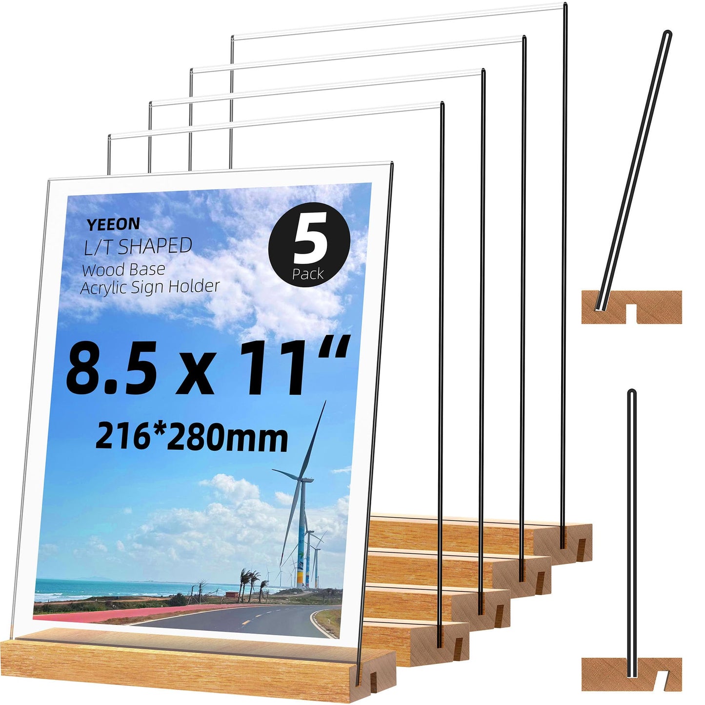 YEEON 8.5x11 Inch Acrylic Sign Holder with Wooden Base, Desktop Display Stand (8.5x11 5Pack)