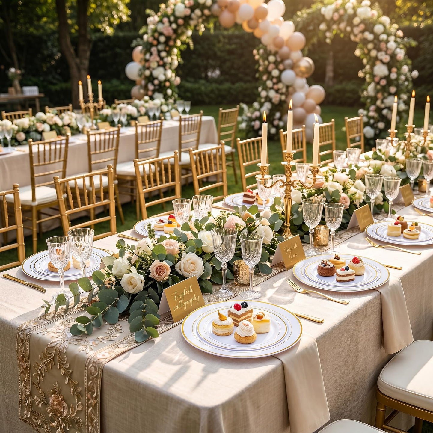 I00000 102 Pieces Gold Plastic Plates, Disposable Party Plates White Gold Rim, 51 Disposable Gold Dinner Plates 10.25 Inch and 51 Disposable Dessert Appetizer Elegant Fancy Wedding Plates 7.5 Inch