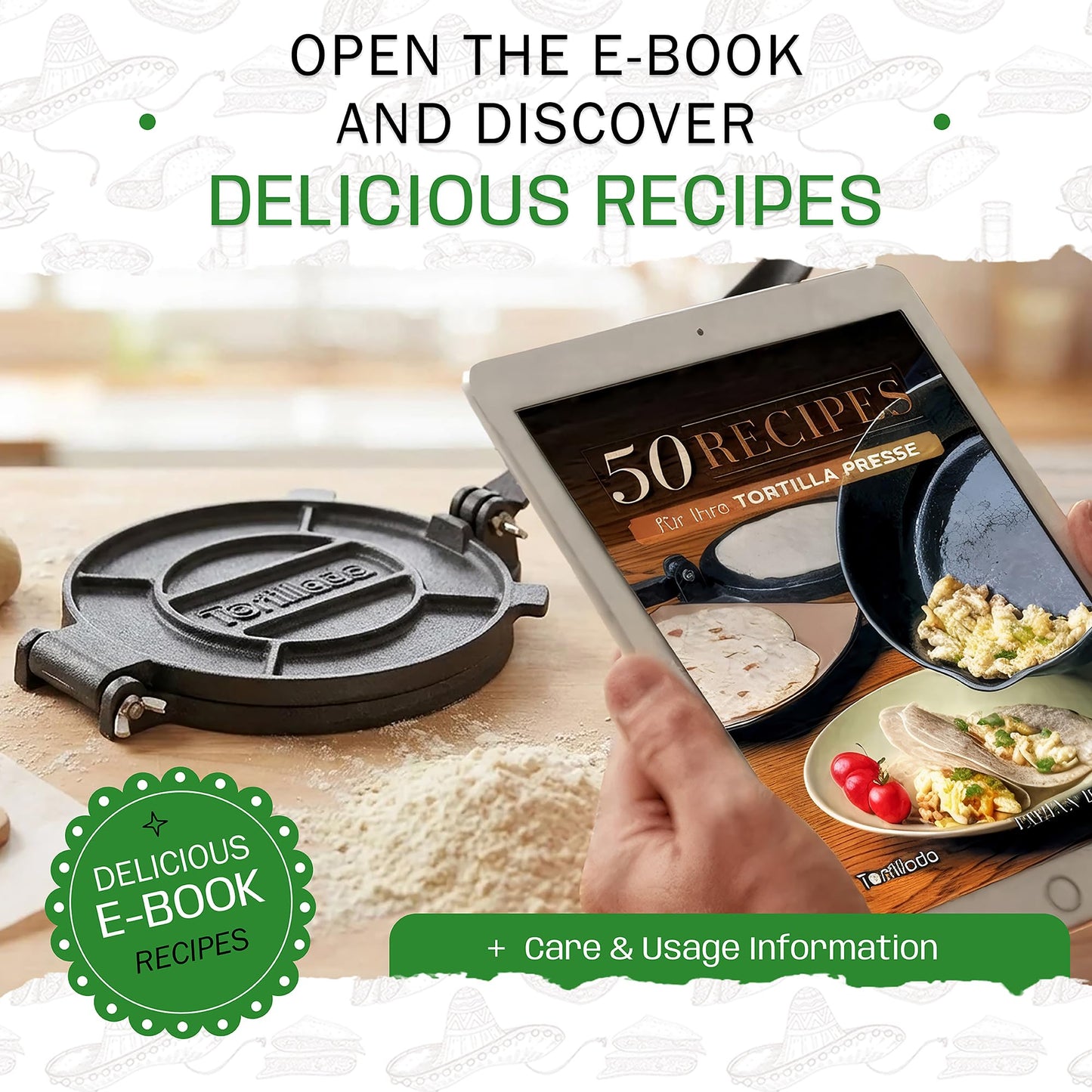 Tortillada – Premium Tortilla Press Cast Iron with Recipes E-Book (10 Inch)