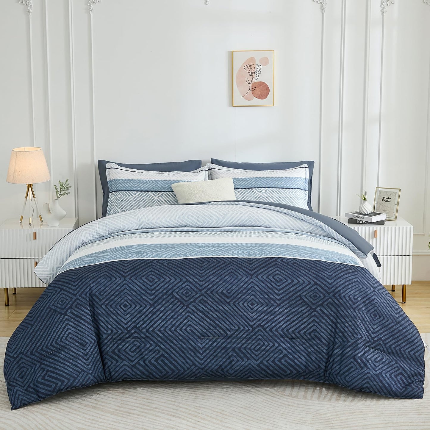 Drucon Comforter Set Queen Size 7 Piece Bed in a Bag Boho Blue Striped Bedding Set Soft Microfiber Comforter and Sheet Set for All Season (Queen, 90"x90")