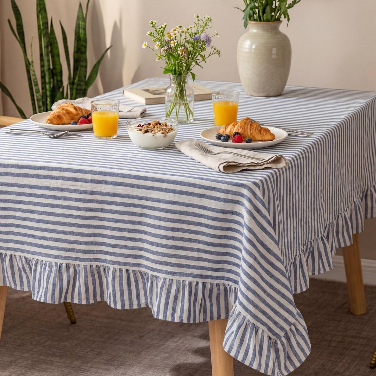 Boao Cotton 52 x 70 Inch Farmhouse Ruffle Tablecloth Blue White Striped Flounces Trim Table Cover for Rectangle Table Kitchen Party Wedding Decor