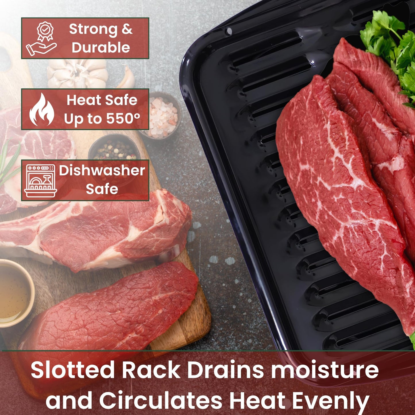 Broiler Pan for Oven Nonstick 16.75” x 13” Ceramic Coated - Broiling Pan for Oven Withstands Heat up to 550° F - Heavy Duty Broil Pans and Rack Circulate Heat and Drain Fat (Black)