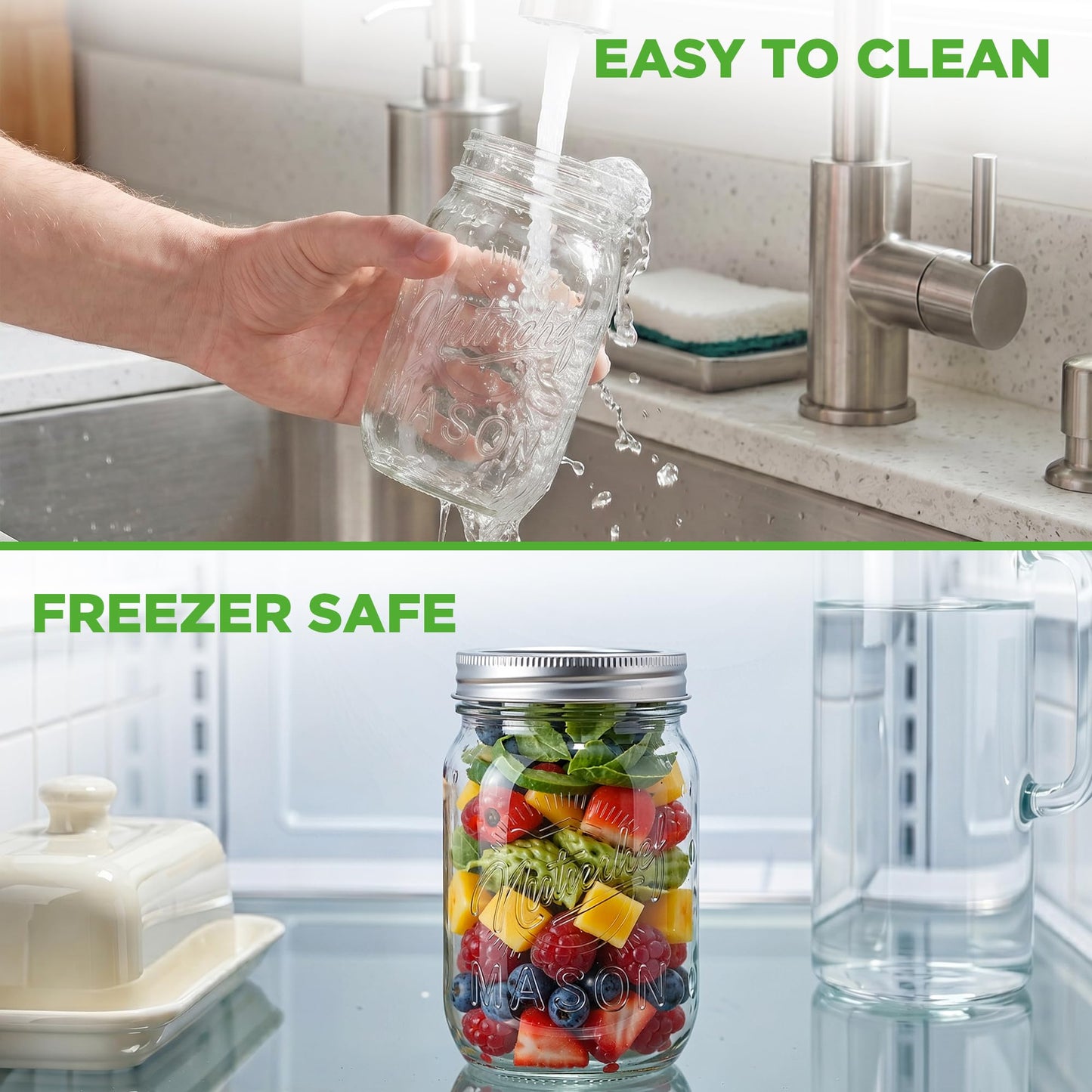 NutriChef 8-Pack 16 oz Mason Jars with Lids - Thick Glass Canning Jars with Stainless Steel Lids - Ideal for DIY Spices, Meal Prep, Overnight Oats, Jelly, Jam, Honey, Candles, Crafts, & More