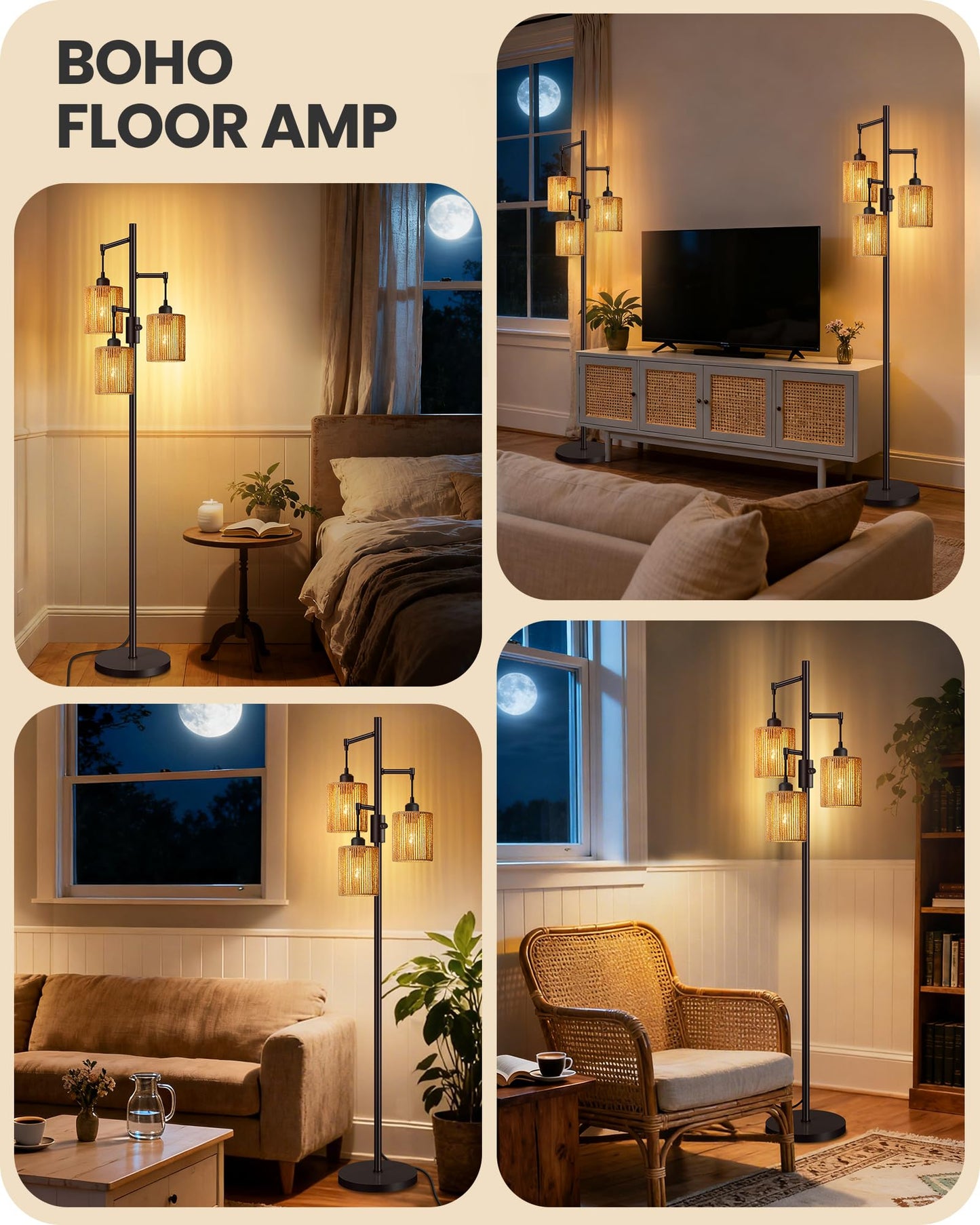 GOEBLESON Dimmable Floor Lamp, Farmhouse Tall Standing 70.3" Tree Lamp with 3 Rope Woven Lampshades, Boho Rattan Floor Lights, 4W 3 LED Bulbs Included, for Living Room, Bedroom, Study, Office AB03LD05
