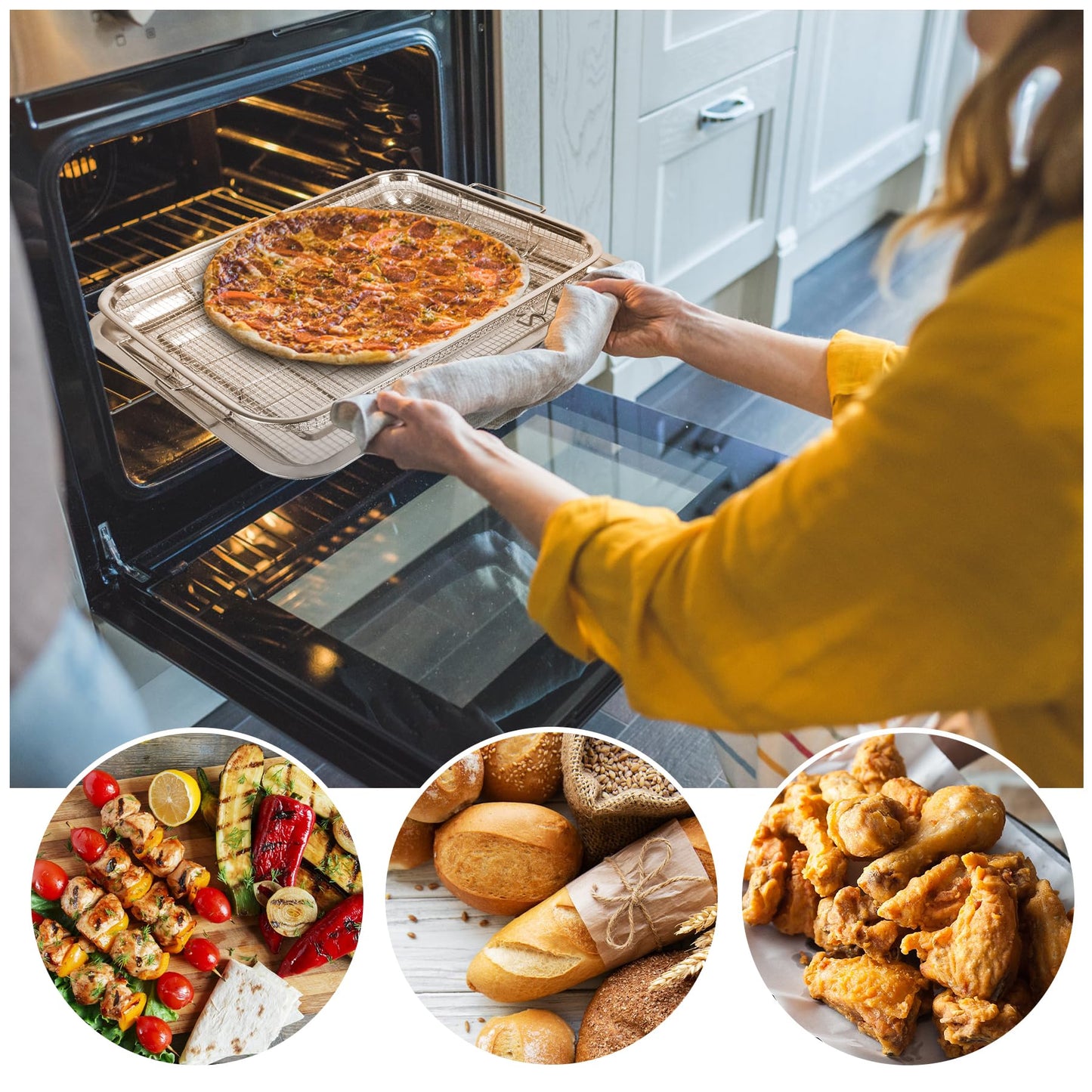 Extra Large Air Fryer Basket for Oven 18 x 12 Inch Stainless Steel, Oven Air Fryer Basket and Tray Set with 30 PCS Parchment Papers, Bacon Cooker Broiler Pan for Oven, Bakeware Sets Oven Rack-2 Piece