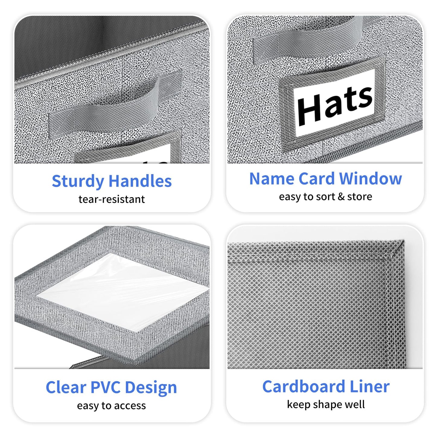 Aokeyee Hat Organizer for Baseball Caps - 2PCS Stackable Storage with Clear Window Lid, Flip-Top Access, Space-Saving Hat Box for Closet, Breathable Fabric (Grey)