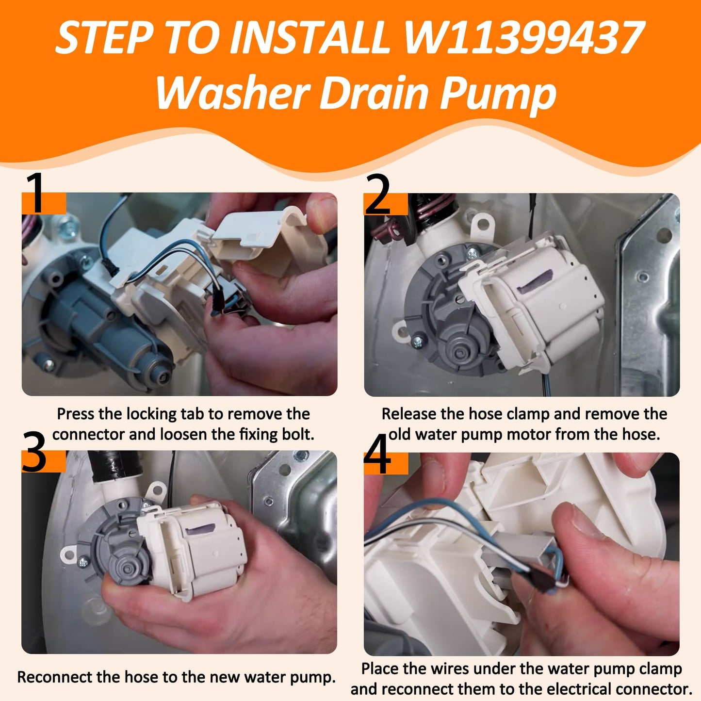 WTW5057LW0 WTW5105HC2 B25-3A04 W11399437 W11259498 Washer Drain Pump Replaces 4961028 AP6974144 PS12731241 EAP12731241 Fit for May-tag Whirl-pool Washing Machines