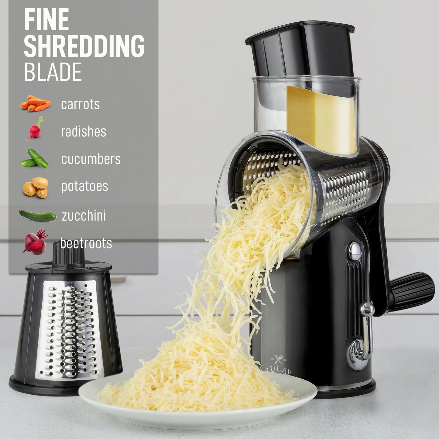 Zulay Kitchen Rotary Cheese Grater 5 Blade Cheese Shredder - Manual Hand Crank Cheese Grater With Reinforced Suction & 5 Interchangeable Drums - Easy to Use, Vegetable Chopper Round Mandoline Slicer
