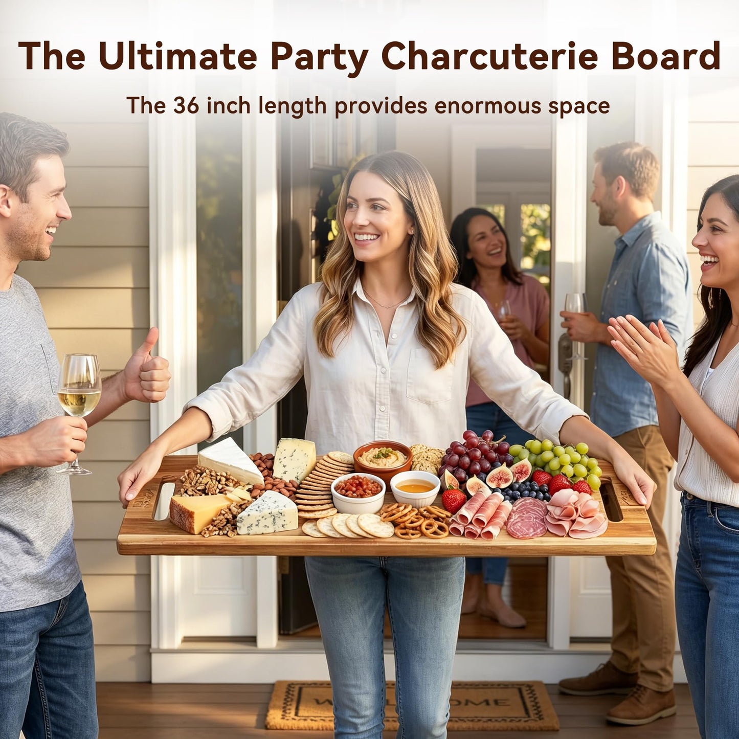 LDQ 36 x 11 Inch Extra Large Charcuterie Board, Acacia Wood Serving Board with Handles and 2 Stands, Rectangular Cheese Platter, Long Cutting Board and Serving Tray for Meat, Party Appetizers