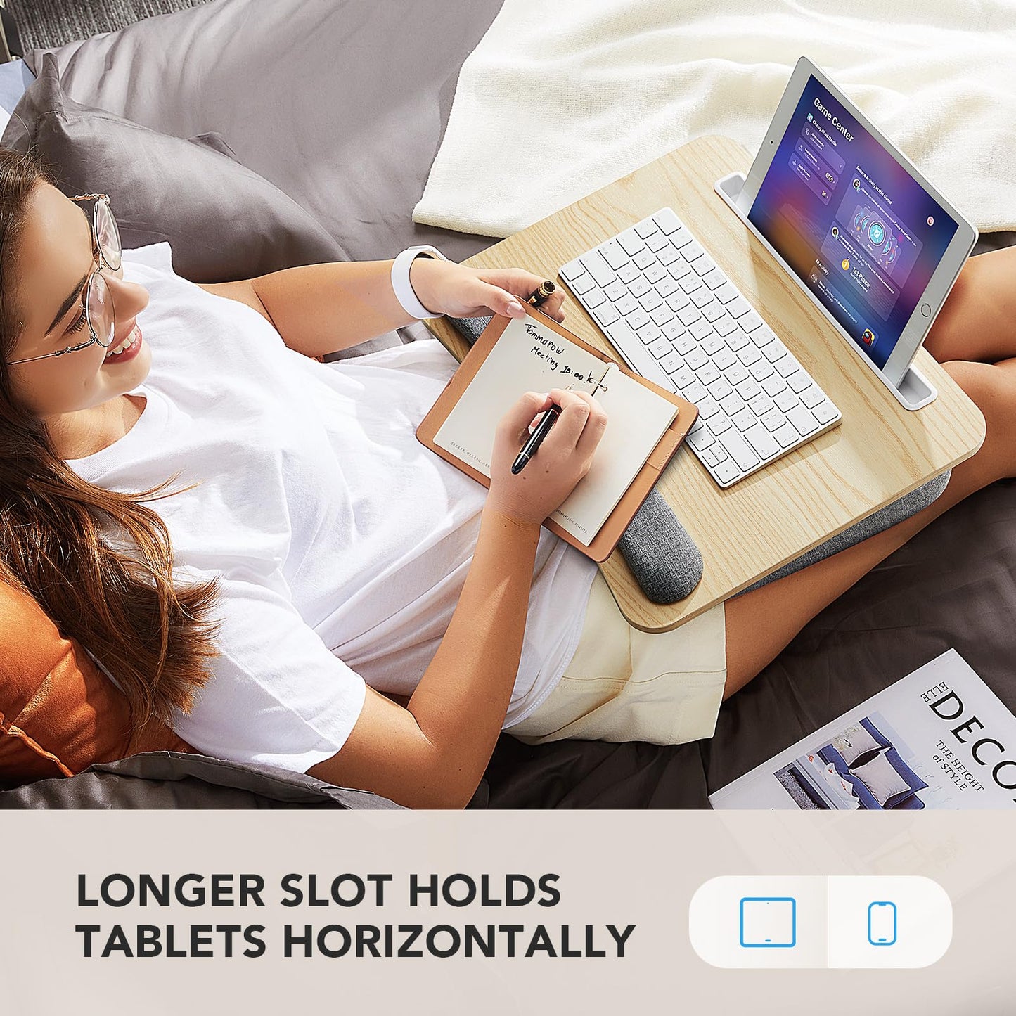 HUANUO Laptop Lap Desk - Portable Lap Desk with Pillow Cushion, Fits up to 15.6 inch Laptop, with Anti-Slip Strip & Storage Function for Home Office Students Use as Computer Laptop Stand - Light Wood