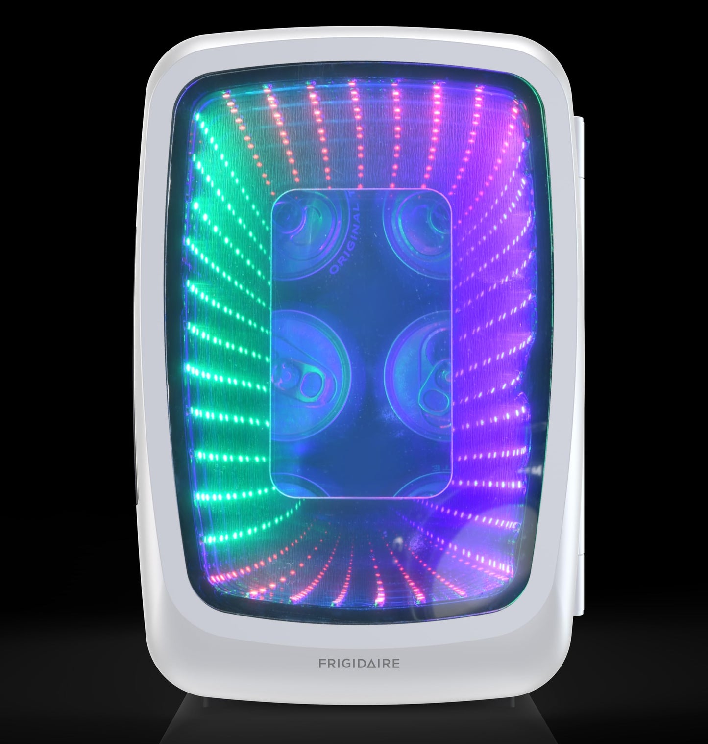 Frigidaire Gaming Light Up Mini Beverage Refrigerator, 6 can, 4 liters, Cooler with large see through door and LED lights Perfect for Gaming Experience, Home, Office, or Cars.12V Charger (White)