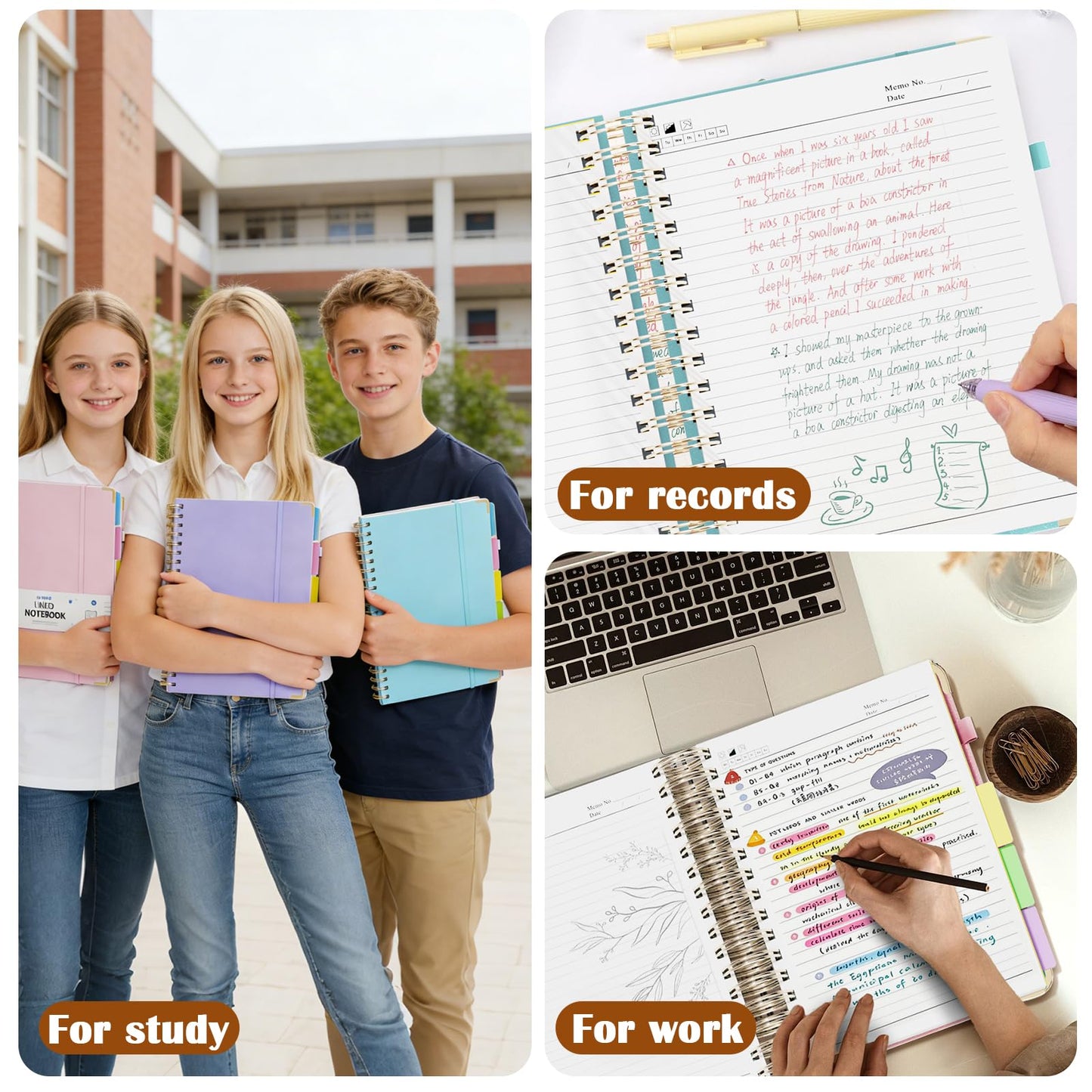 3 Packs Hardcover Spiral Notebook, B5 Journal with Removable Dividers Tabs, 5 Subject Notebook College Ruled, 200 Pages 8"x10" Leather Notebooks for Work School Study, Lined Journal for Women(Pink/Purple/Cyan)