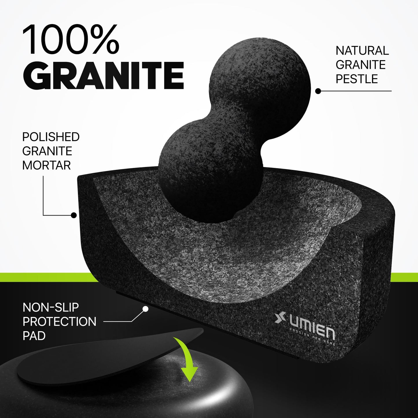 Umien Granite Mortar and Pestle Set - 8-Inch Natural Stone Molcajete with Avocado Tool - 3.5 Cup Capacity for Spices, Herbs, Pestos & Guacamole - Premium Kitchen Gift (Black)
