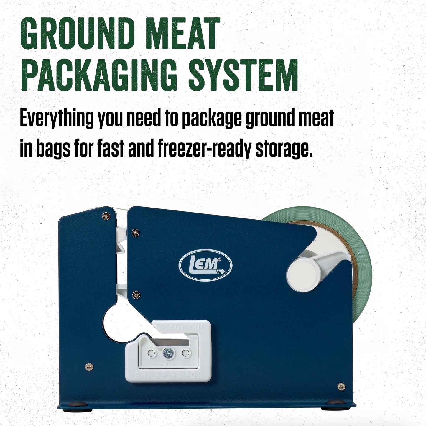 LEM Products Ground Meat Packaging System, Poly Bag Sealer Machine with Tape, 50 Wild Game Meat Bags, Freezer-Ready Packing Kit for Meats, Ground Beef, Deer Processing