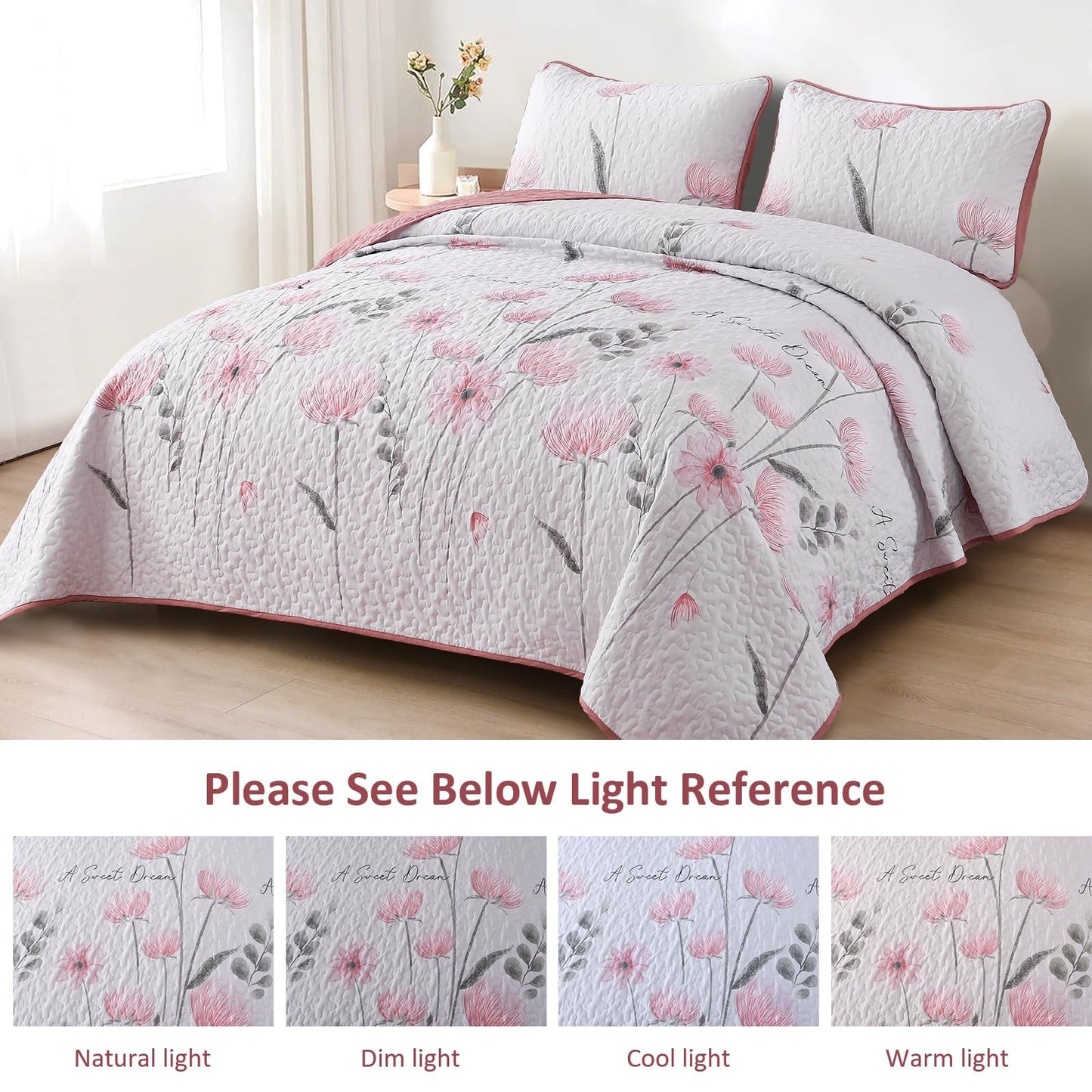 Dinjoy Floral Quilt Set Queen,Pink Bedspread Queen Size 3 Pieces Lightweight Farmhouse Bedding Set Cute Quilts Soft Flower Bedspreads White Coverlet Sets for Girls Women Fall