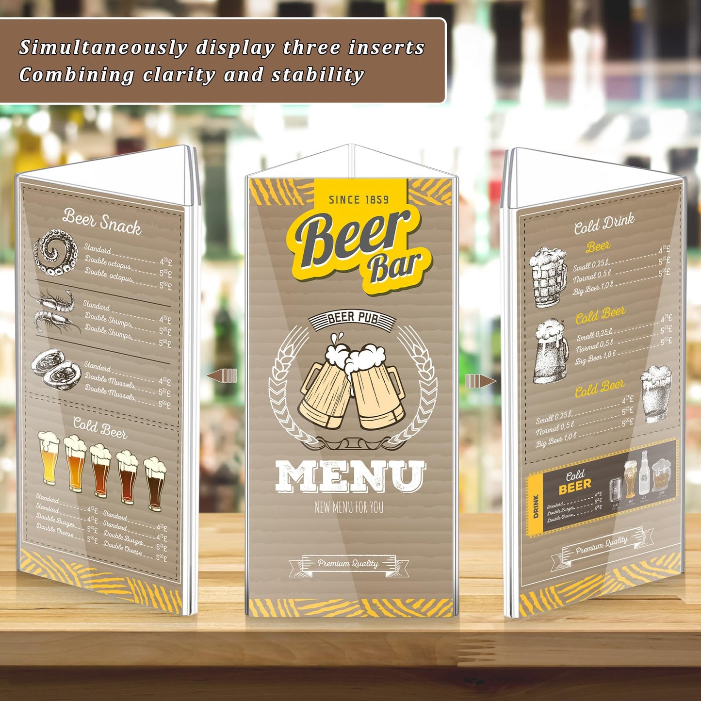 LemonSecret 4 Pack Acrylic Table Tent Sign Holder, Clear Three Sided Display Stand for Menu Flyer Promotion, Countertop Desktop Use in Restaurant Retail Office (4 x 9 Inch)
