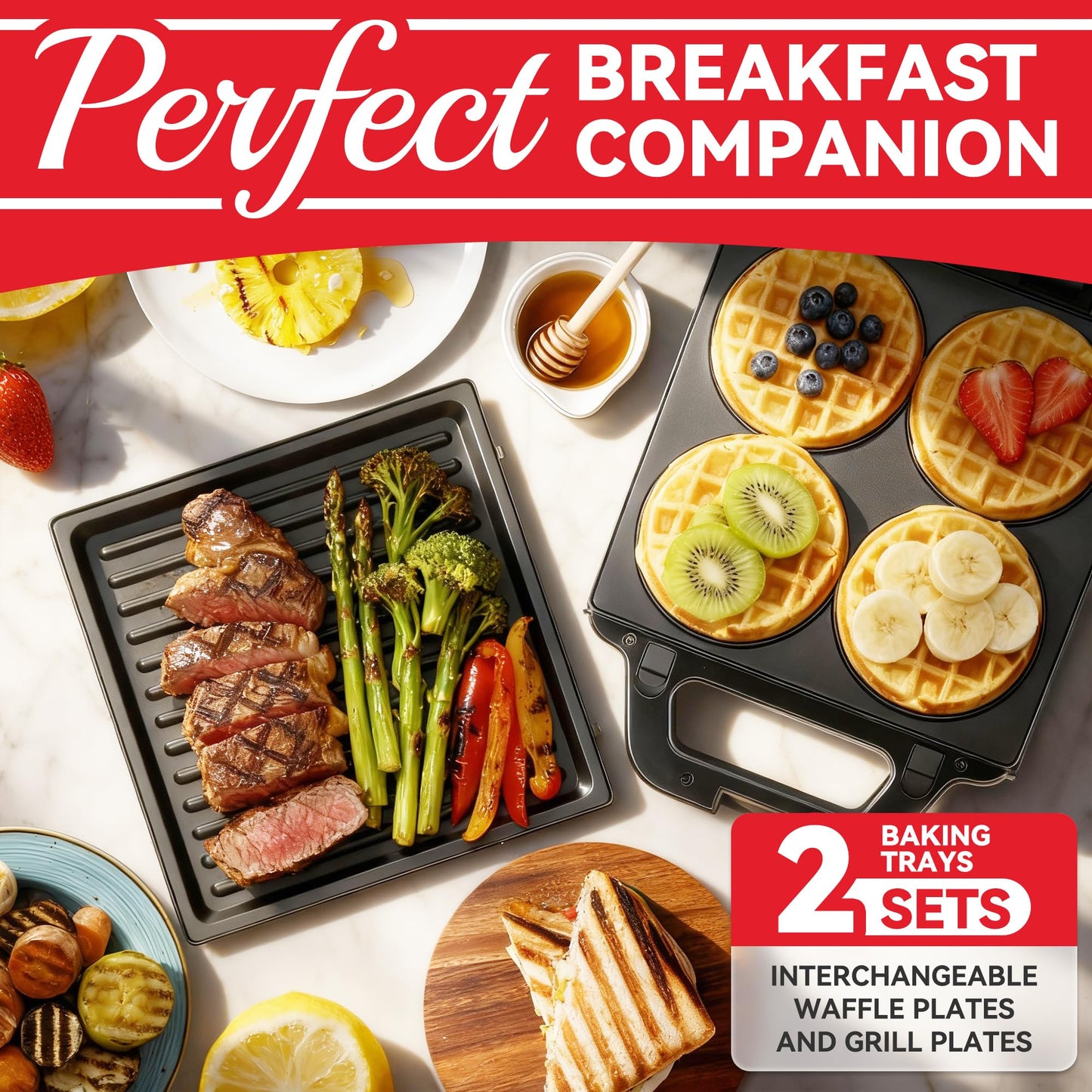 SugarWhisk 2 in 1 Mini Waffle Maker with Removable Plates, Panini Press Sandwich Maker, Sandwich Press, Waflera Electrica, Sandwichera Electrica, 4 X 4 Inch Classic Waffle Maker for Kids, Graphite