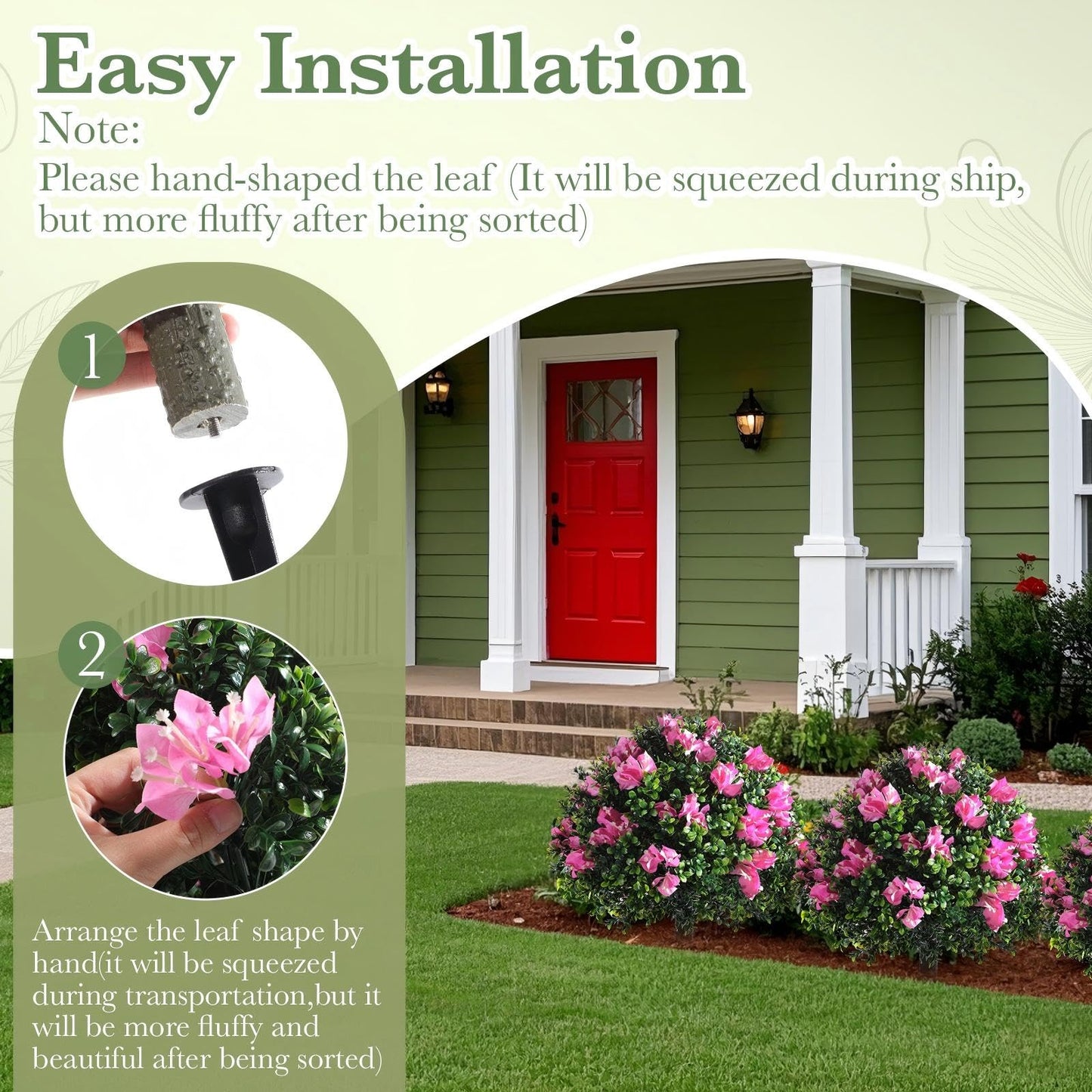 Yunlly 2 Pack 18" Artificial Boxwood Topiary Balls with Bougainvillea Flowers with Spikes, UV Resistant Faux Bushes Outdoor Plants Fake Shrubs for Garden, Yard, Front Porch, Patio Decor (Pink)