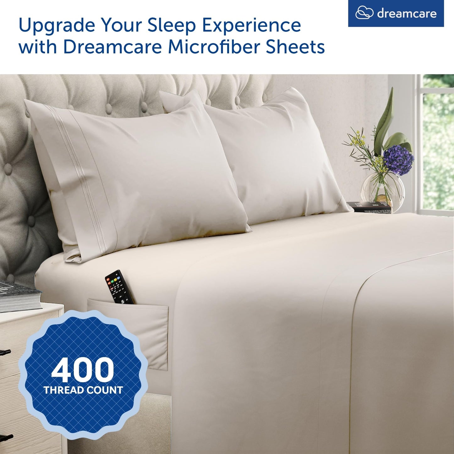 DREAMCARE King Size Sheets Set – 4 pcs Cooling Sheets – up to 21” Deep Pocket King Sheet Set – Hotel Luxury Sheets & Pillowcases – Superior Softness 100% Microfiber with Side Pocket - Beige