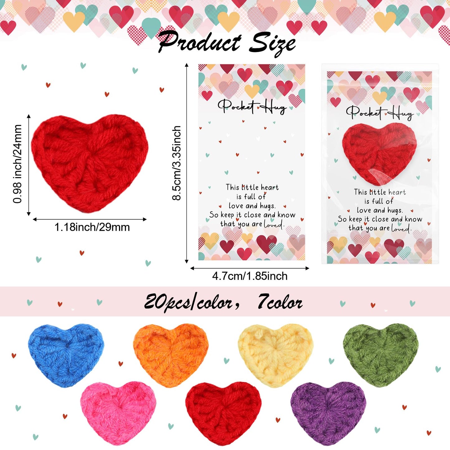 Mindsoft Emotional Cheer Support Gift Bulk Cute Hand Crocheted Pocket Hug Heart Inspirational Cards and Bags Party Favor for End of Year Preschool Toddler Boy Girls(140 Sets)
