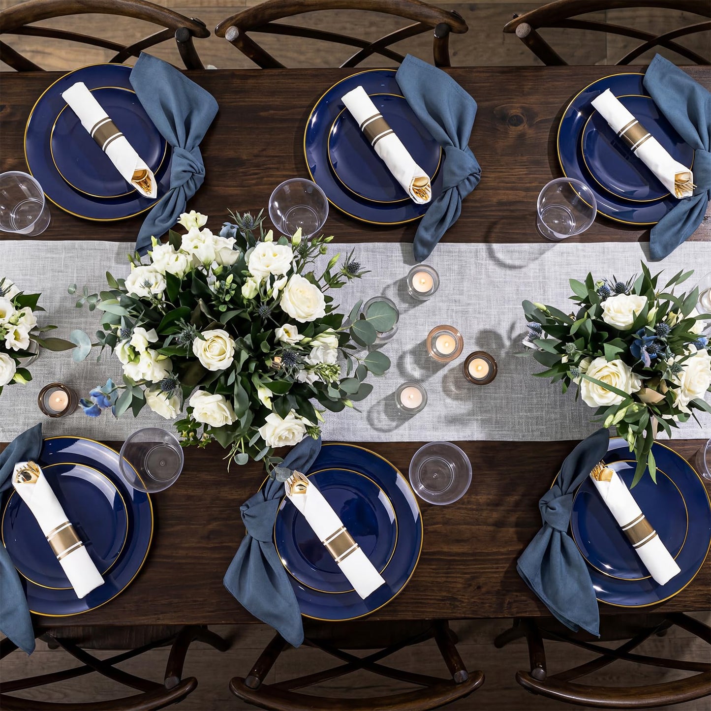 KIRE 175Pcs Blue Plastic Plates - Navy Blue Plates Disposable - 25 for Dinner 25 for Dessert 25 Pre Rolled Napkins with Gold Plastic Silverware and 25 Cups for Memorial Day/Graduation/Father's Day
