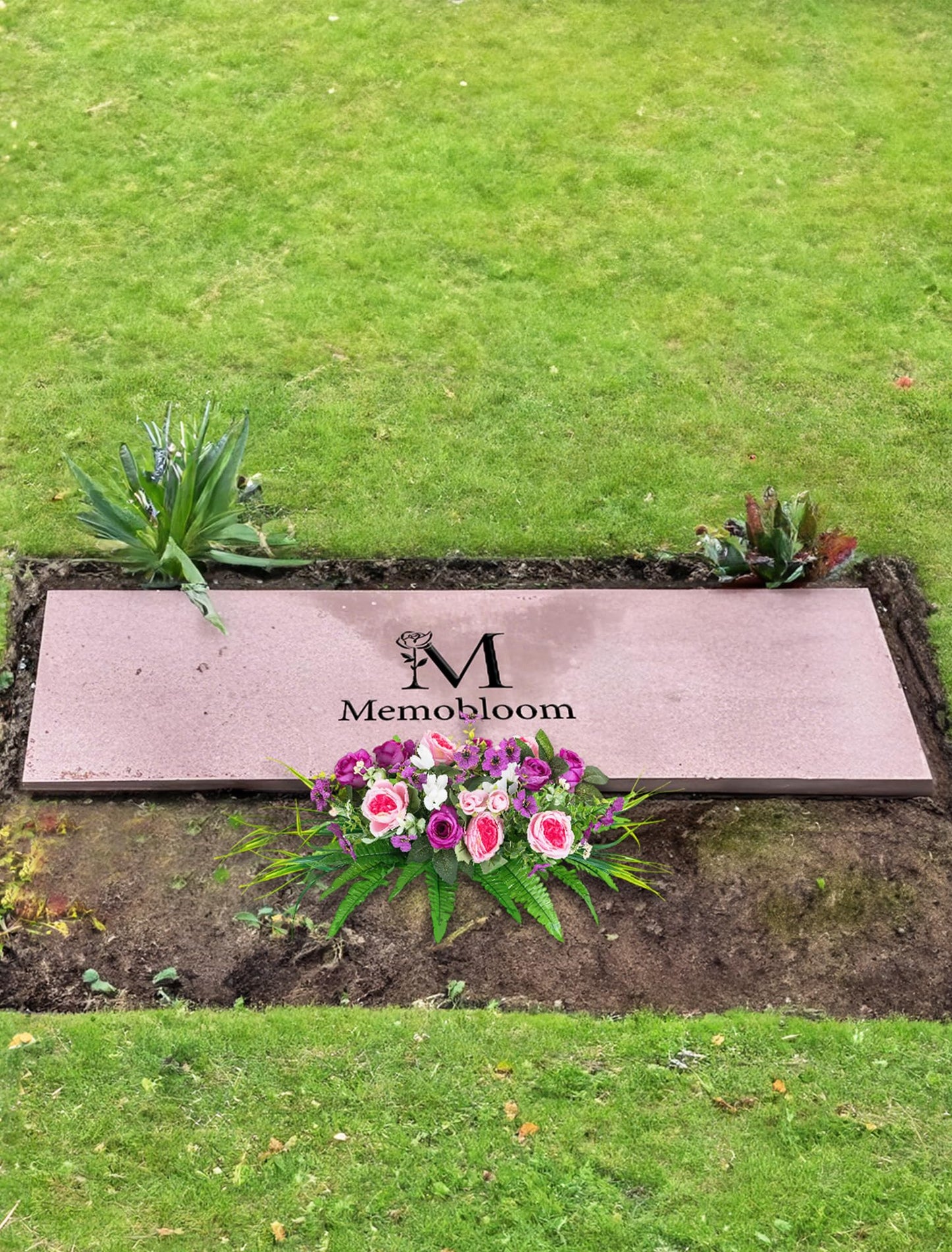 Memobloom Artificial Cemetery Flowers with Stake: 1Pc Purple Roses Pink Peonies Realistic Memorial Day Grave Flowers for Cemetery - Outdoor Grave Decorations Funeral Arrangements