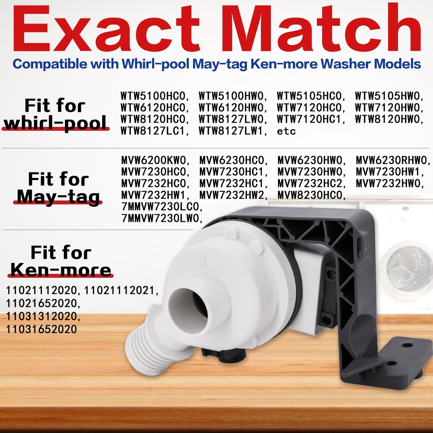 Washer Drain Pump Assembly W11263349, Fit Models WTW5100HC0, WTW5100HW0 WTW5105HC0 WTW5105HW0 WTW6120HC0 WTW6120HW0 WTW7120HC0 WTW7120HW0 WTW8120HC0 WTW8127LW0, Drain Pump Fit for Whirl-pool May-tag
