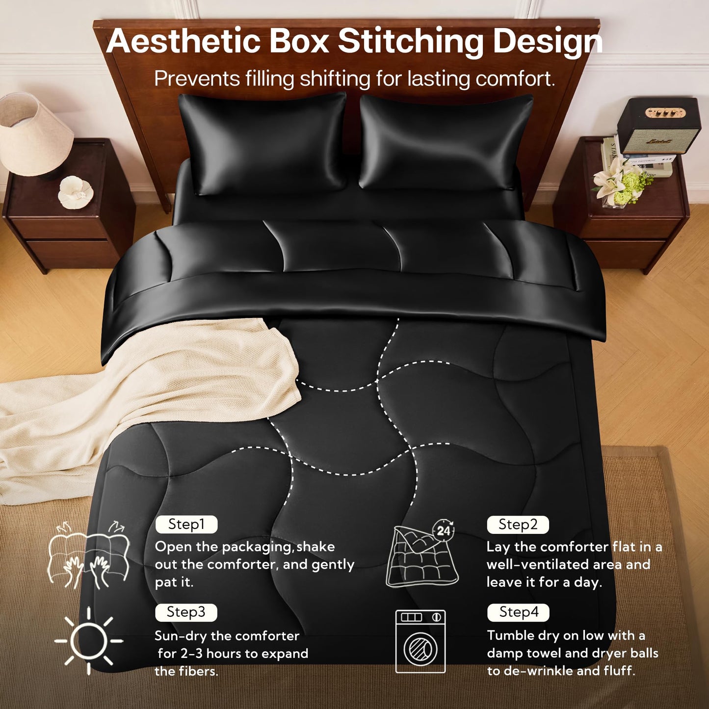 MR&HM Queen Comforter Set Black, Reversible Satin Microfiber Comforter Set for All Seasons, 3 Pieces Non-Slip Silky Soft Bedding Sets with 1 Comforter (90"x90") and 2 Pillowcases (20"x26")