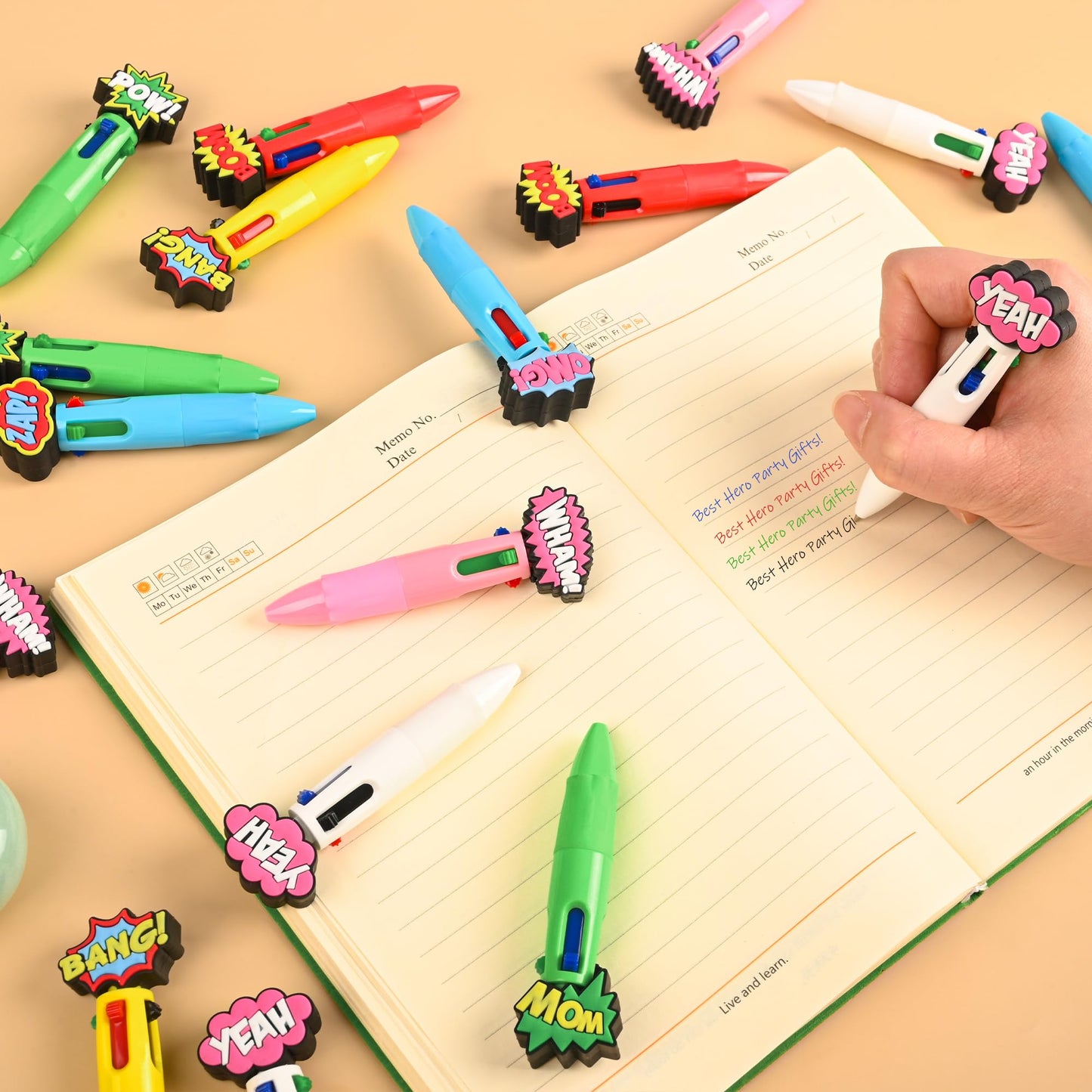 LiYiQ 100 Pcs Hero Theme Colorful Multicolor Pen in One Cute Cartoon Fun 4-in-1 Cute Pens Bulk Kawaii Hero Theme Boom Wow Pow Conversation Cool Ballpoint Pens for Fun Gifts